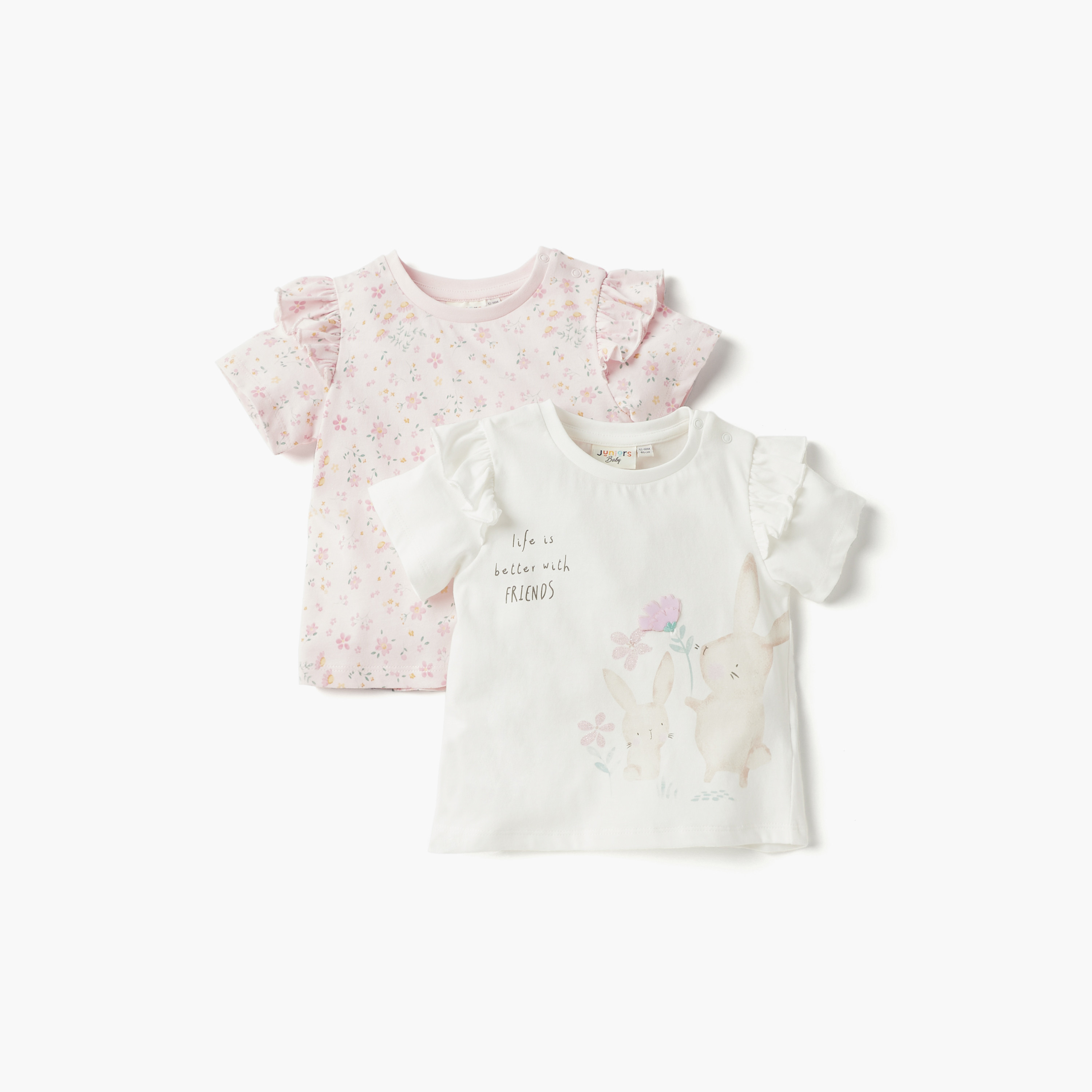 Juniors Graphic Print Crew Neck T-shirt with Ruffle Detail - Set of 2-baby-girls-clothing-tshirts-image-1