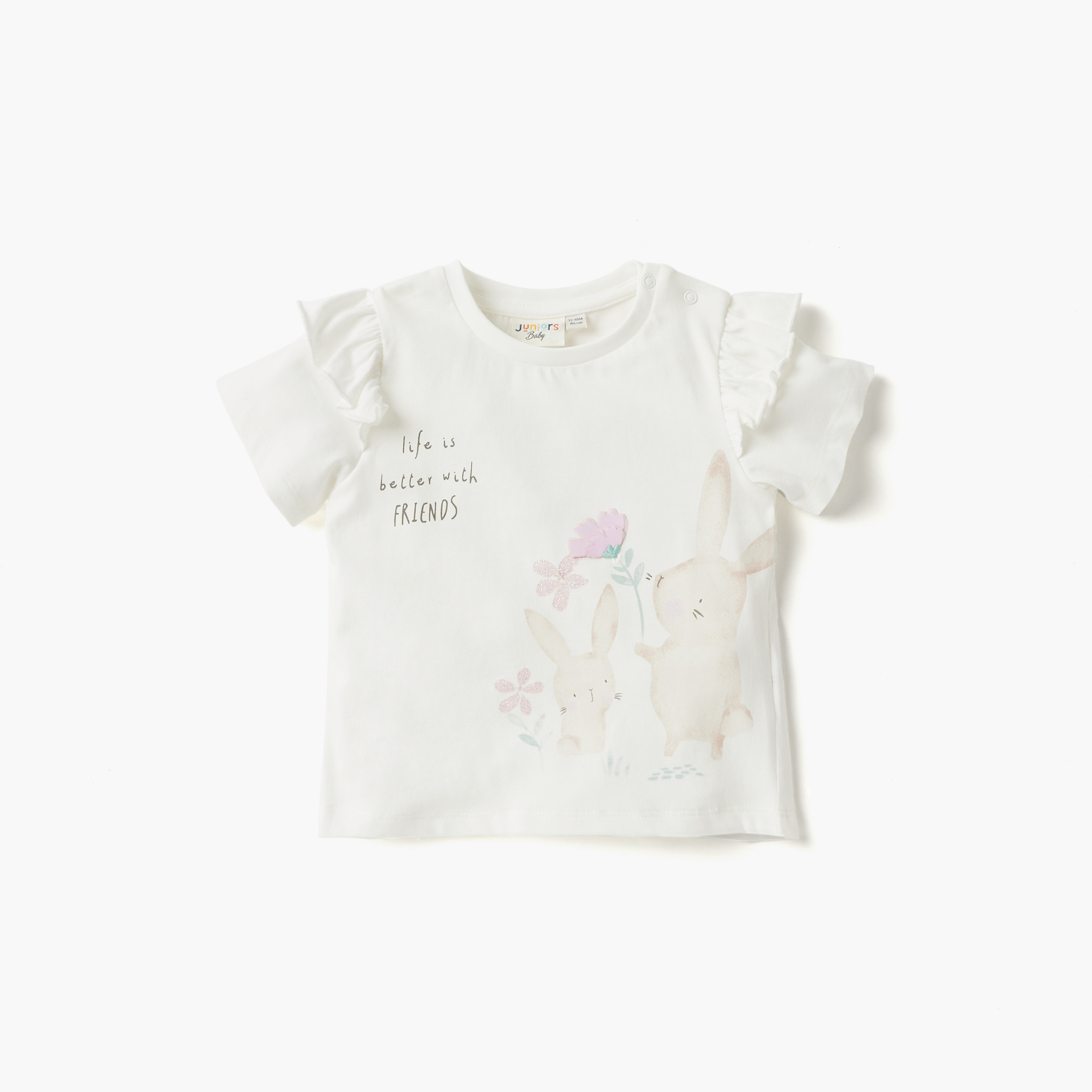 Juniors Graphic Print Crew Neck T-shirt with Ruffle Detail - Set of 2-baby-girls-clothing-tshirts-image-2