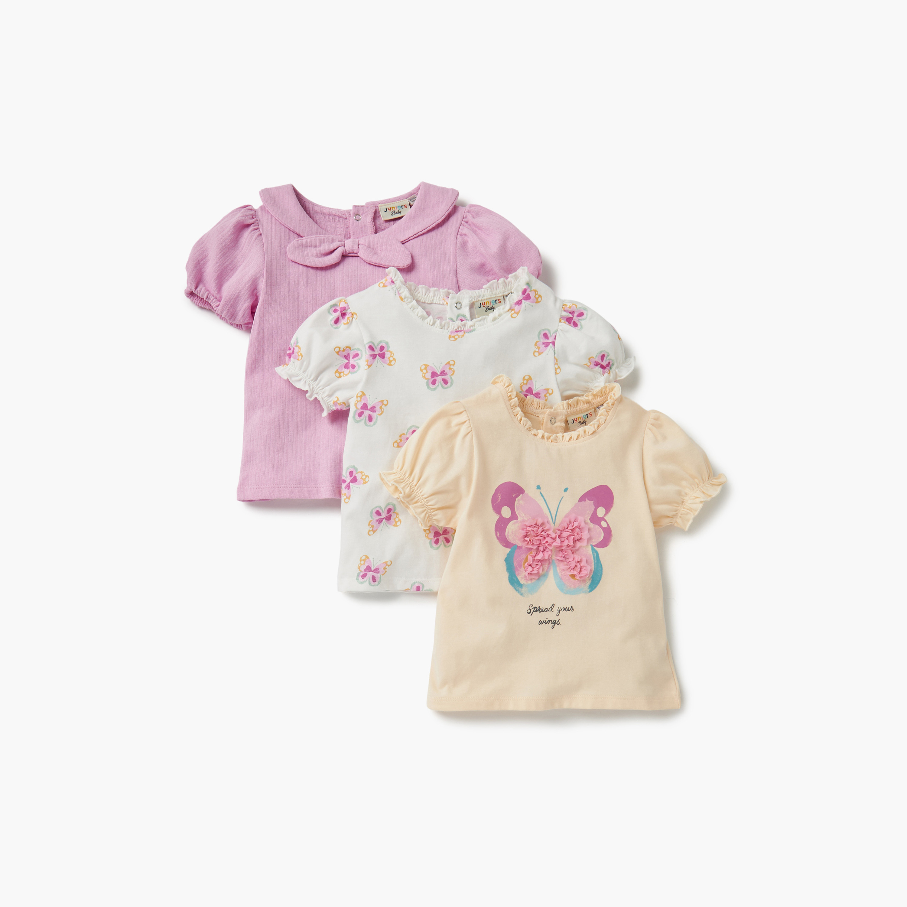Juniors Butterfly Print T-shirt with Short Sleeves - Set of 3-baby-girls-clothing-tshirts-image-1