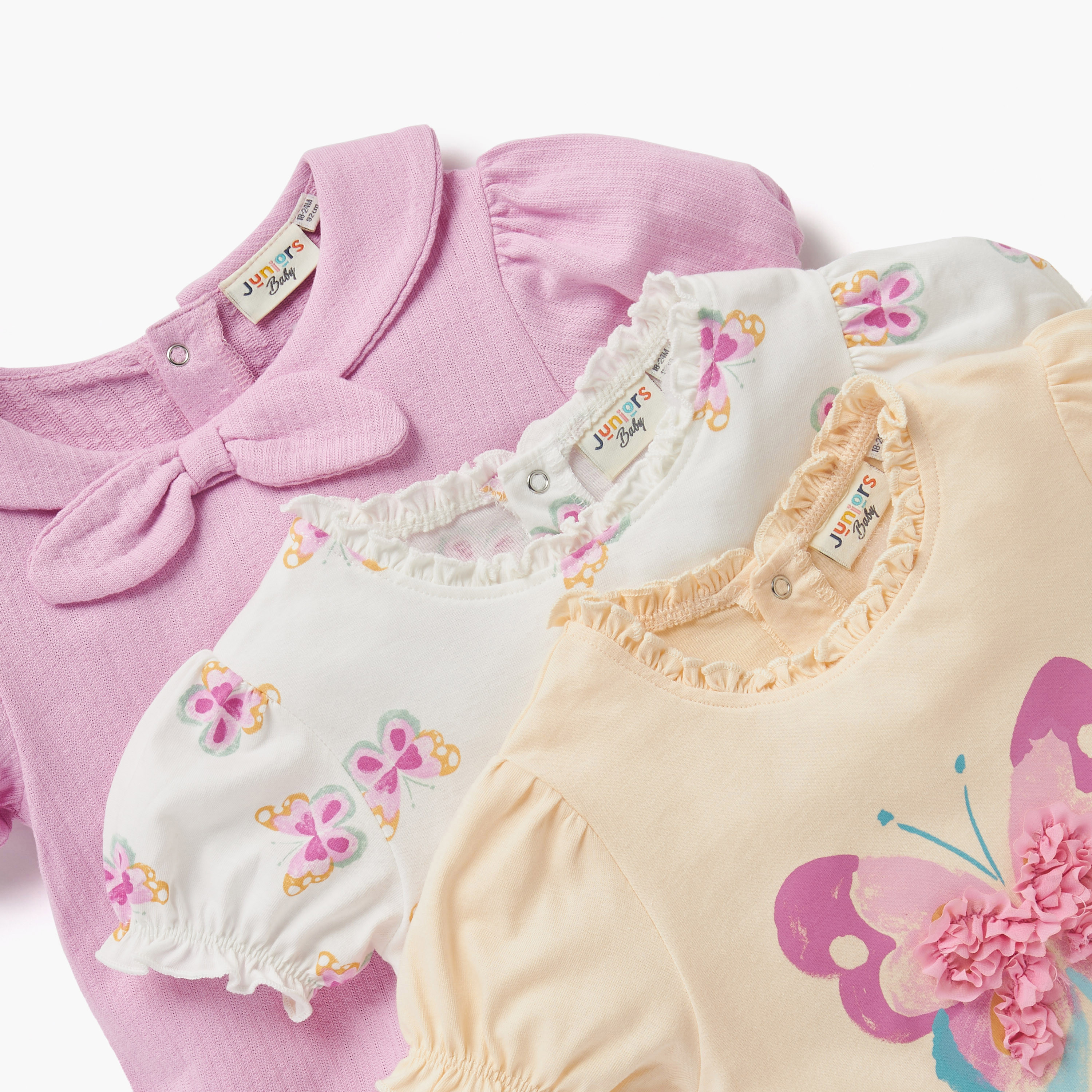 Juniors Butterfly Print T-shirt with Short Sleeves - Set of 3-baby-girls-clothing-tshirts-image-5