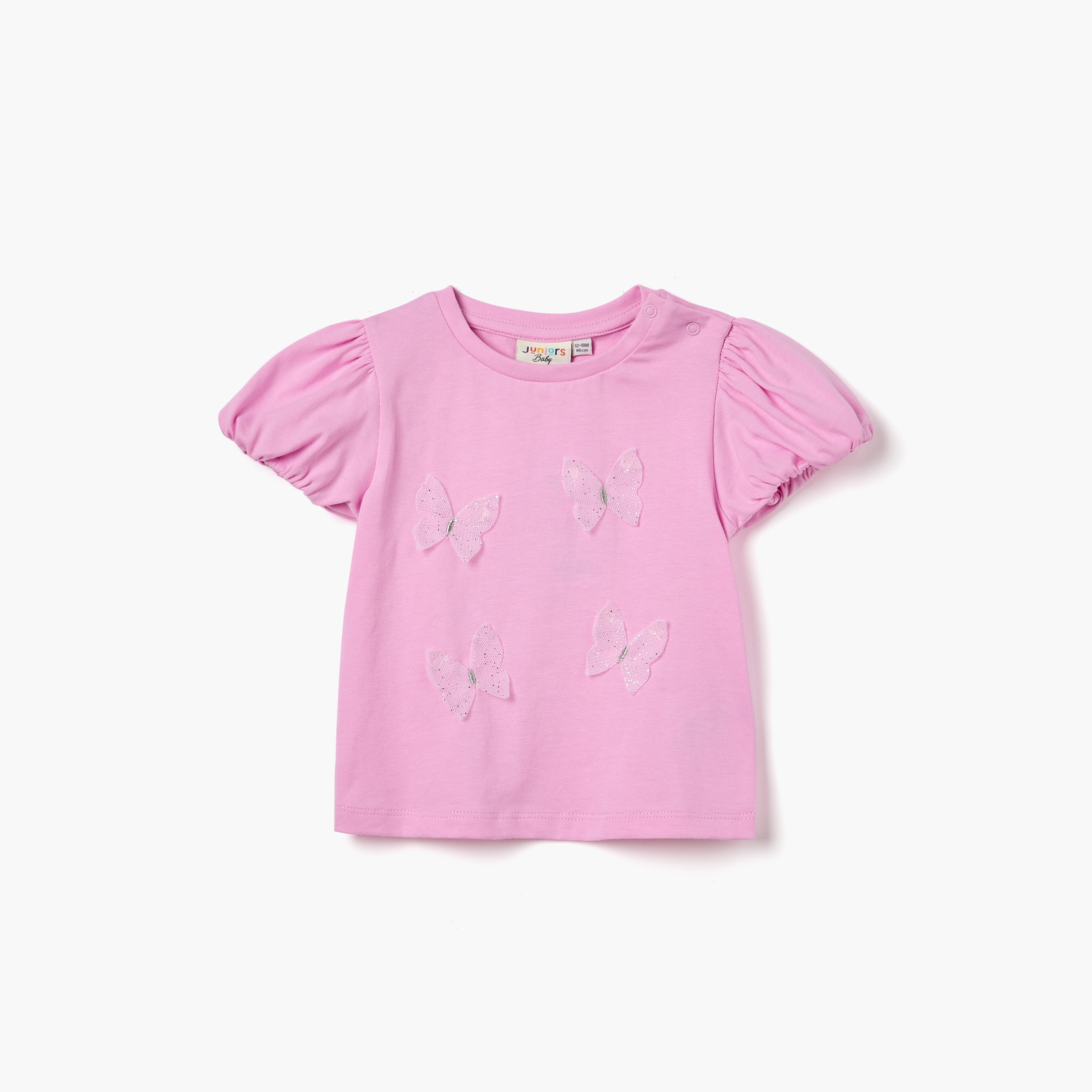 Juniors Butterfly Applique T-shirt with Puff Sleeves-baby-girls-clothing-tshirts-image-1