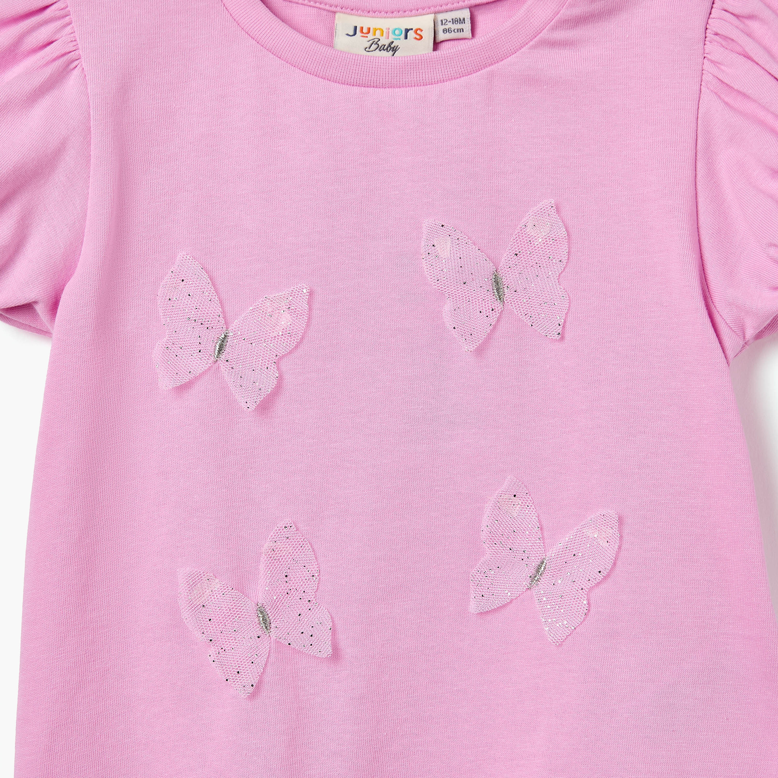 Juniors Butterfly Applique T-shirt with Puff Sleeves-baby-girls-clothing-tshirts-image-4