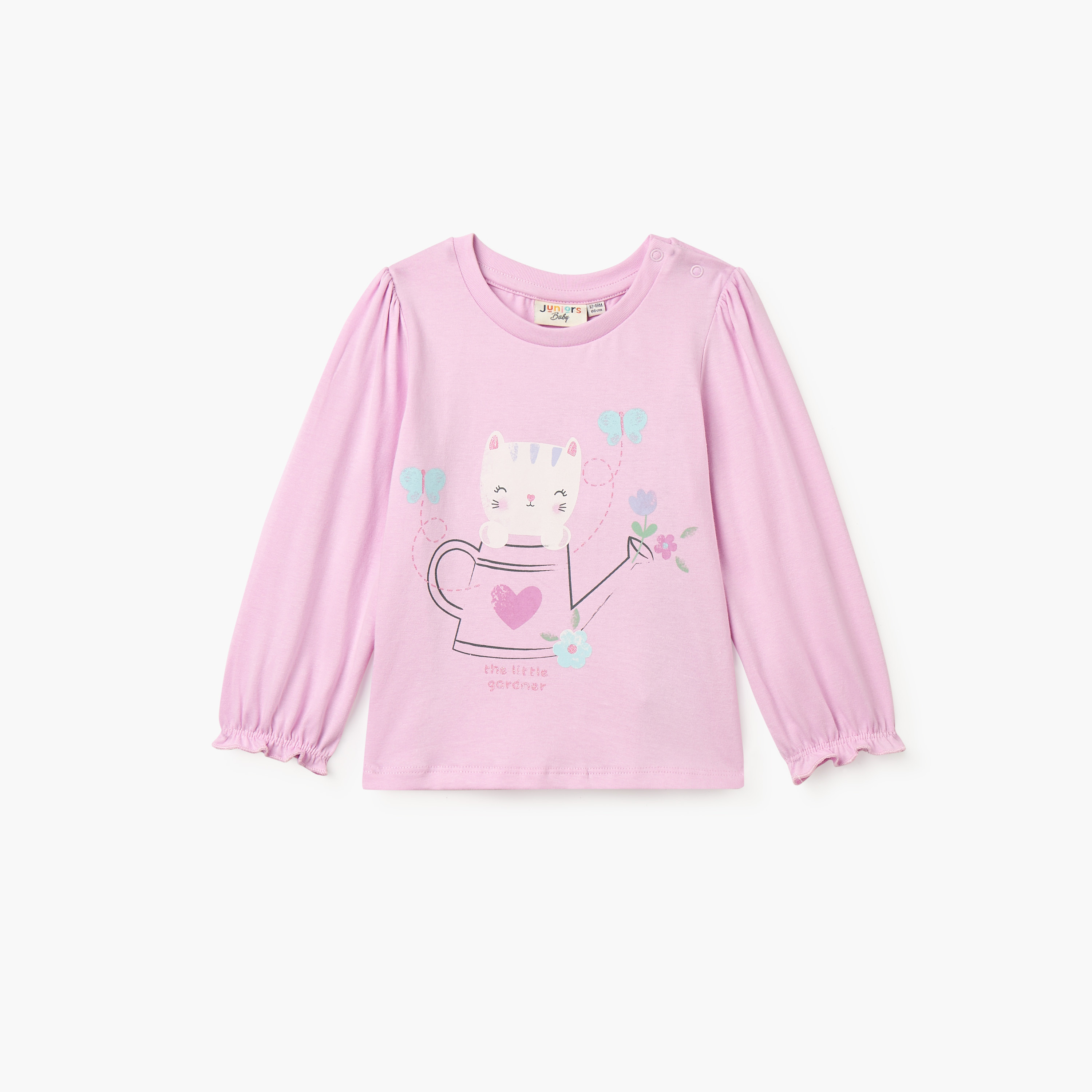 Juniors Graphic Print T-shirt with Long Sleeves and Round Neck-baby-girls-clothing-tshirts-image-1