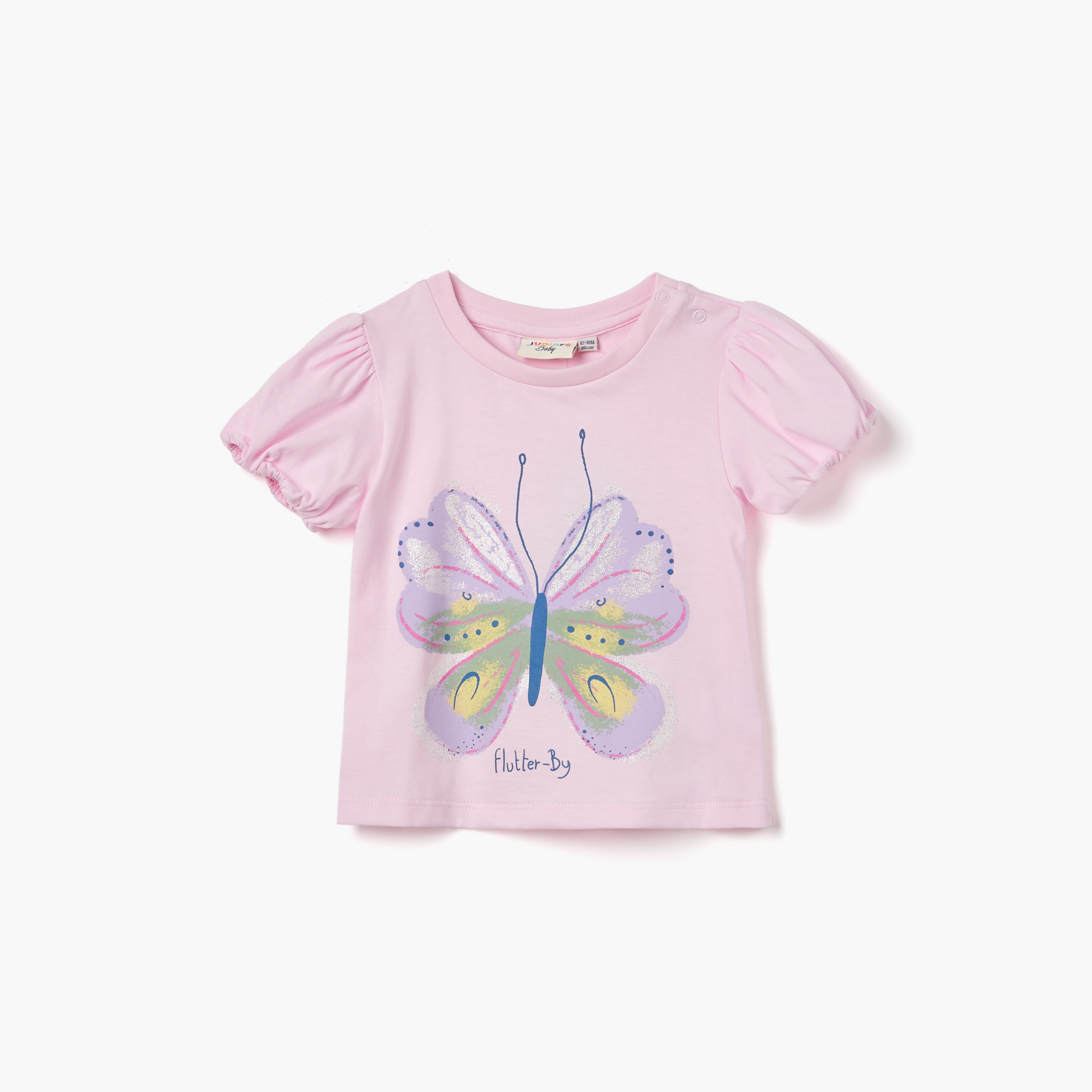 Juniors Butterfly Print T-shirt with Puff Sleeves-baby-girls-clothing-tshirts-image-1