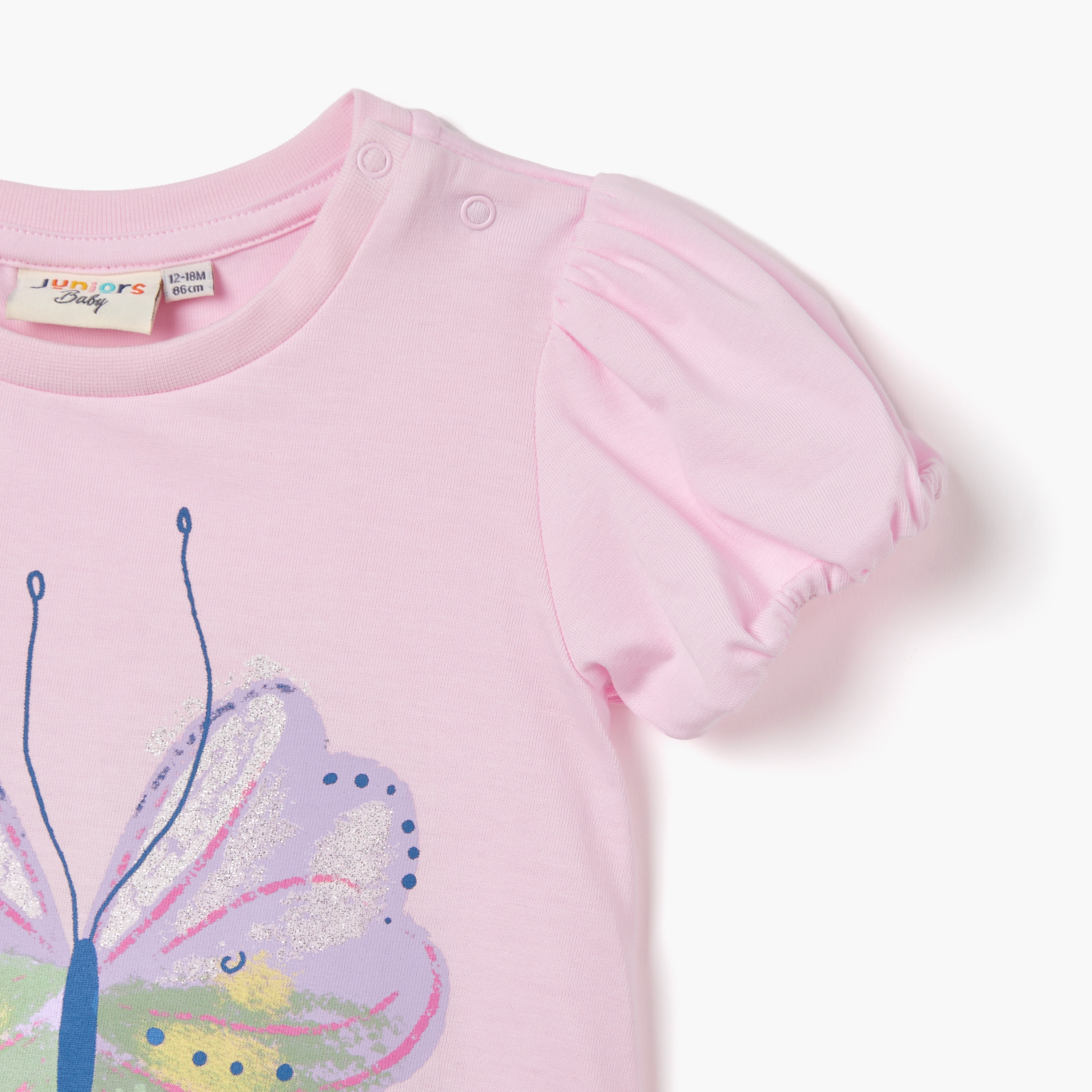 Juniors Butterfly Print T-shirt with Puff Sleeves-baby-girls-clothing-tshirts-image-3
