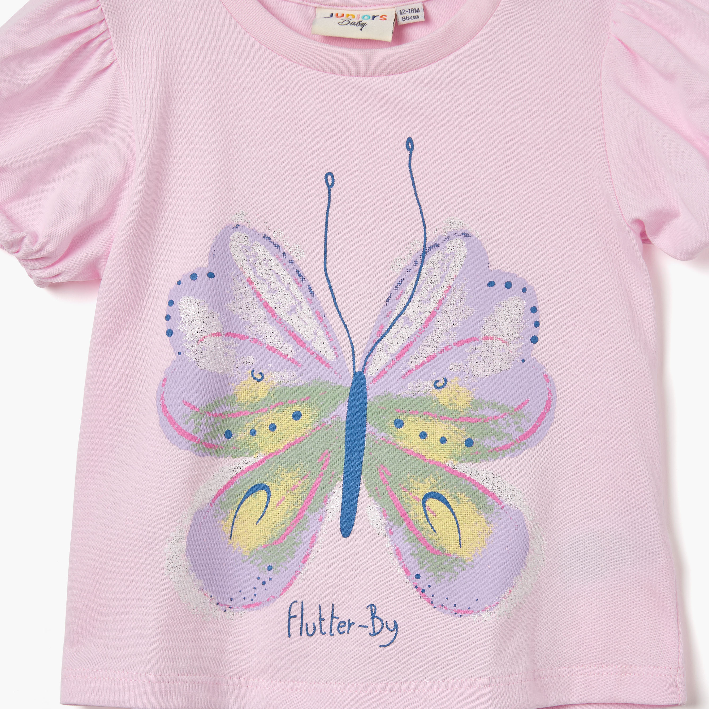 Juniors Butterfly Print T-shirt with Puff Sleeves-baby-girls-clothing-tshirts-image-4