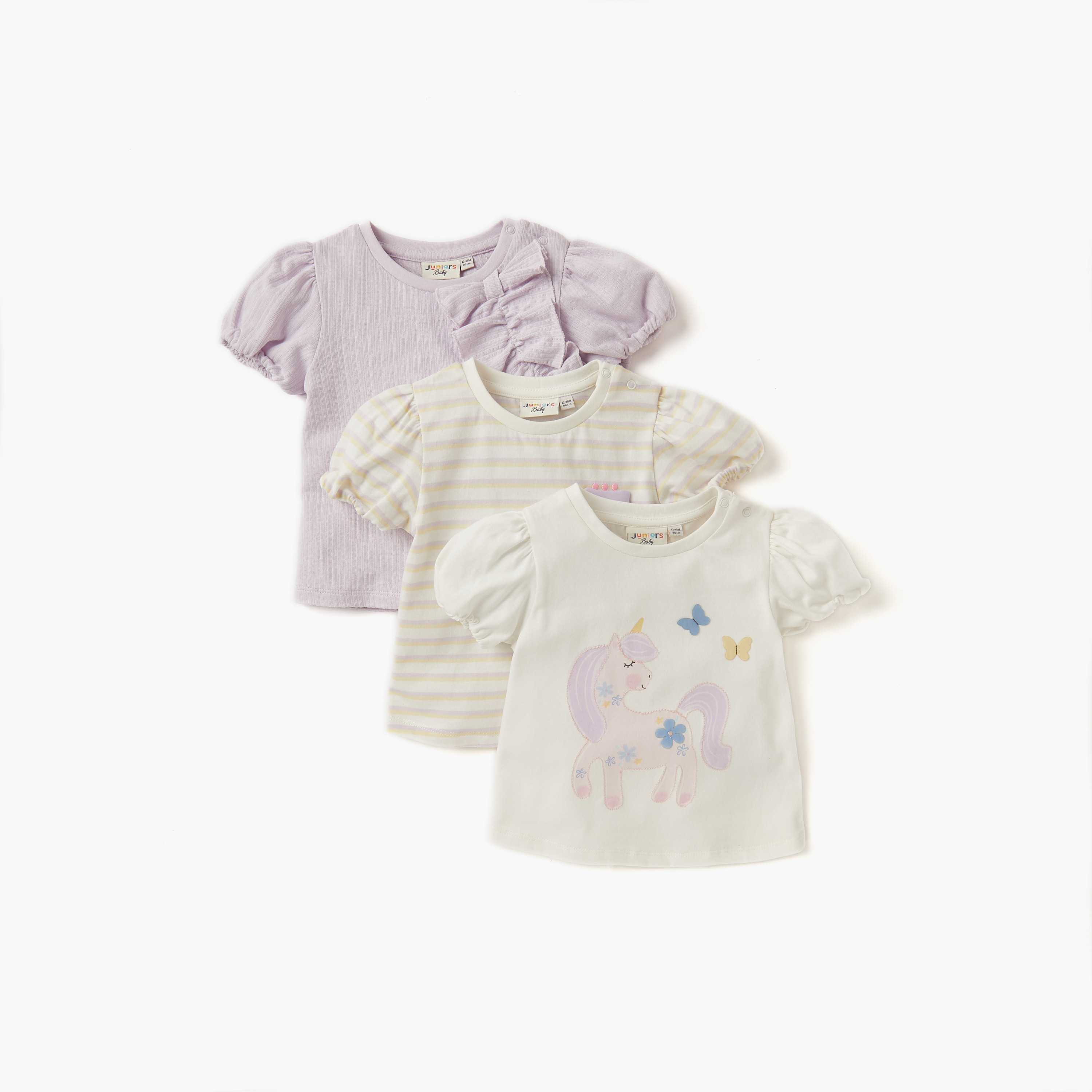 Juniors Assorted T-shirt with Puff Sleeves - Set of 3-baby-girls-clothing-tshirts-image-1