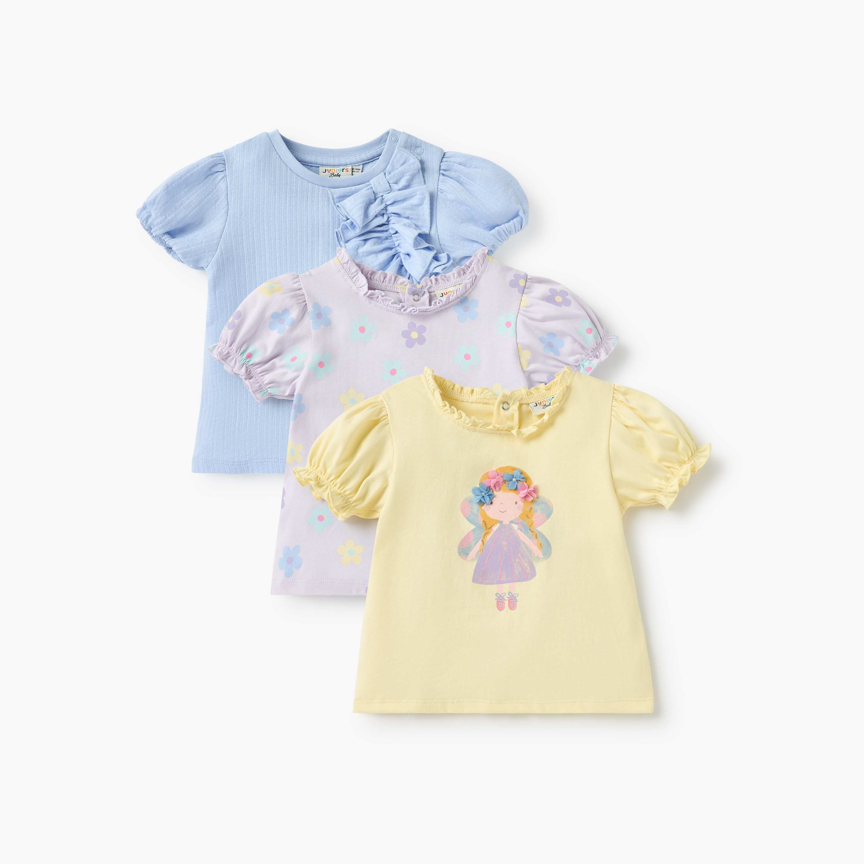 Juniors Printed T-shirt with Short Sleeves and Ruffle Detail - Set of 3-baby-girls-clothing-tshirts-image-1