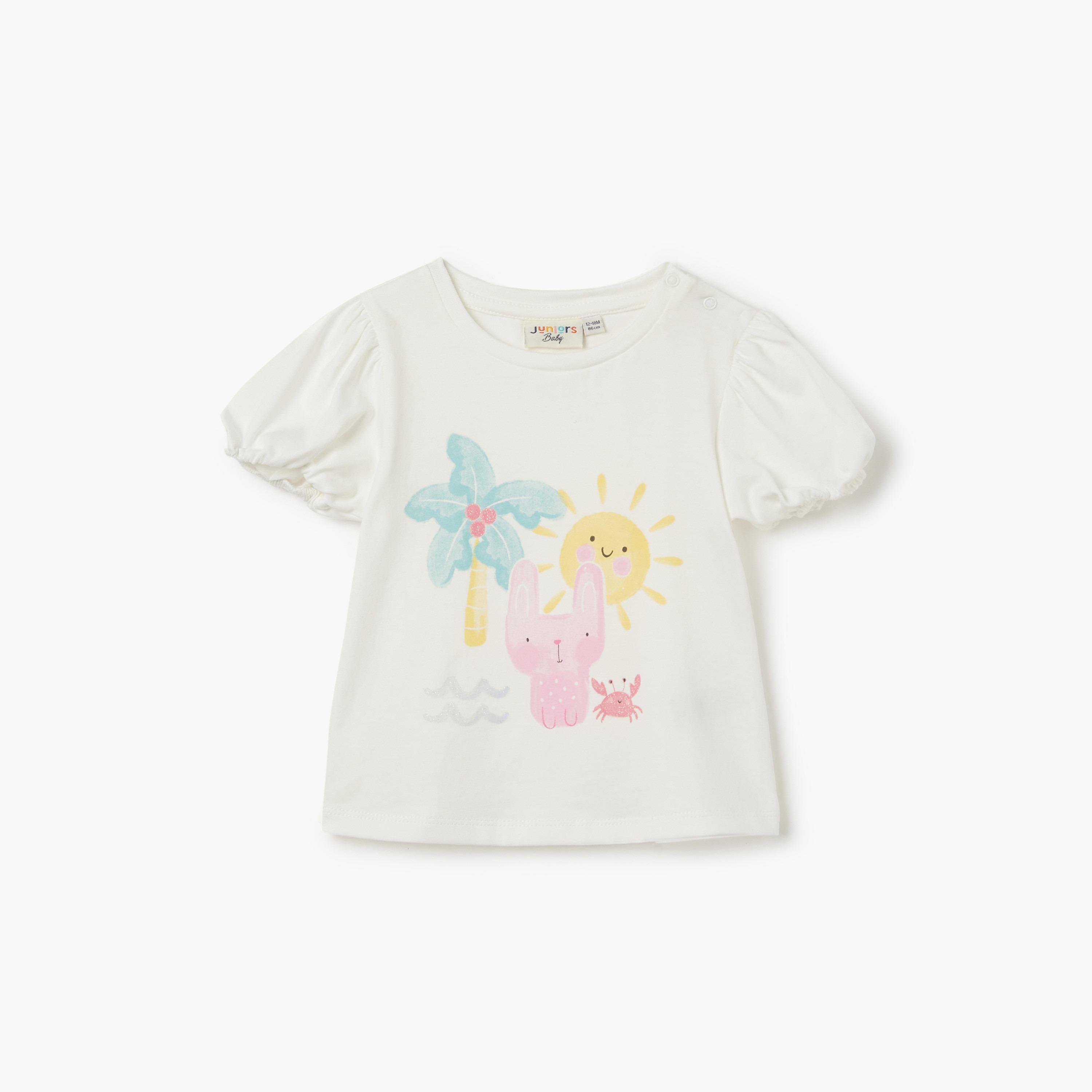 Juniors Graphic Print Crew Neck T-shirt with Puff Sleeves-baby-girls-clothing-tshirts-image-1