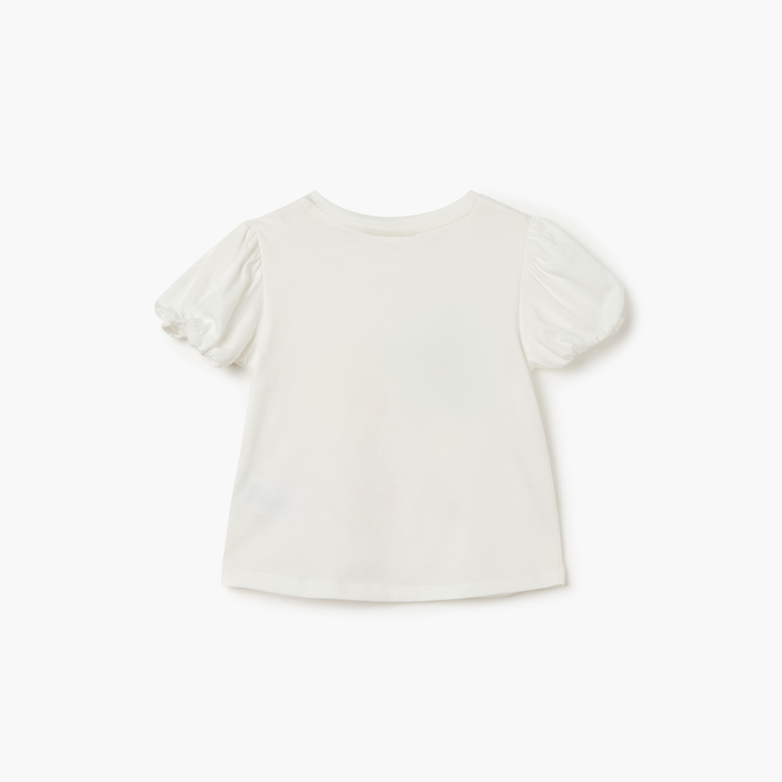 Juniors Graphic Print Crew Neck T-shirt with Puff Sleeves-baby-girls-clothing-tshirts-image-2