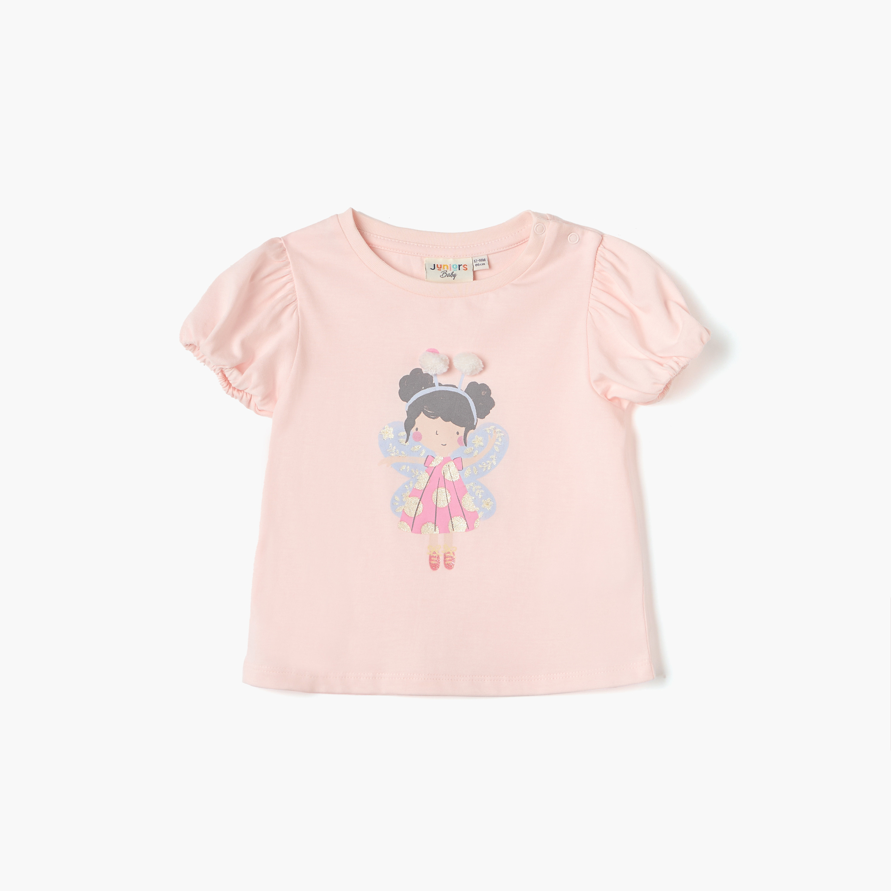 Juniors Graphic Print T-shirt with Puff Sleeves-baby-girls-clothing-tshirts-image-1