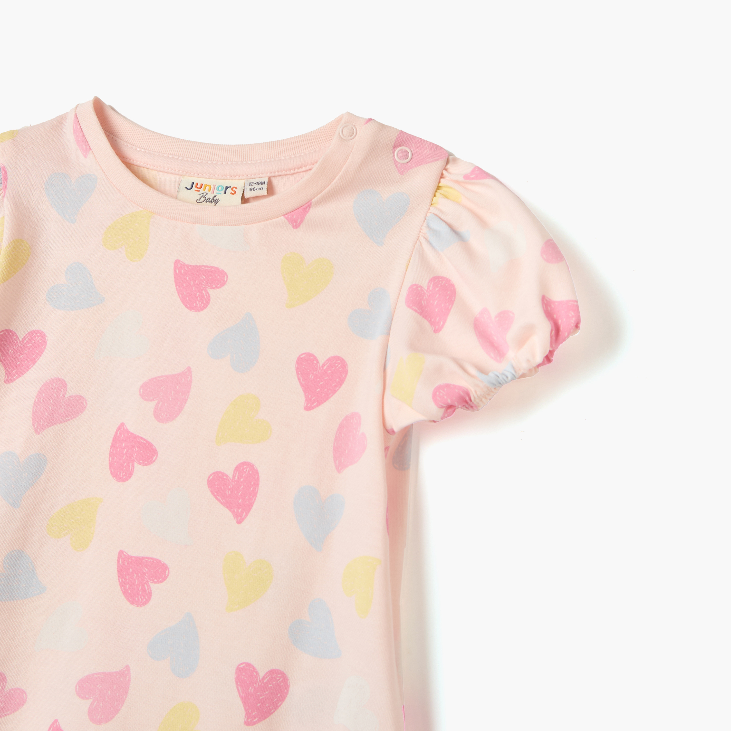 Juniors Heart Print T-shirt with Short Sleeves-baby-girls-clothing-tshirts-image-3