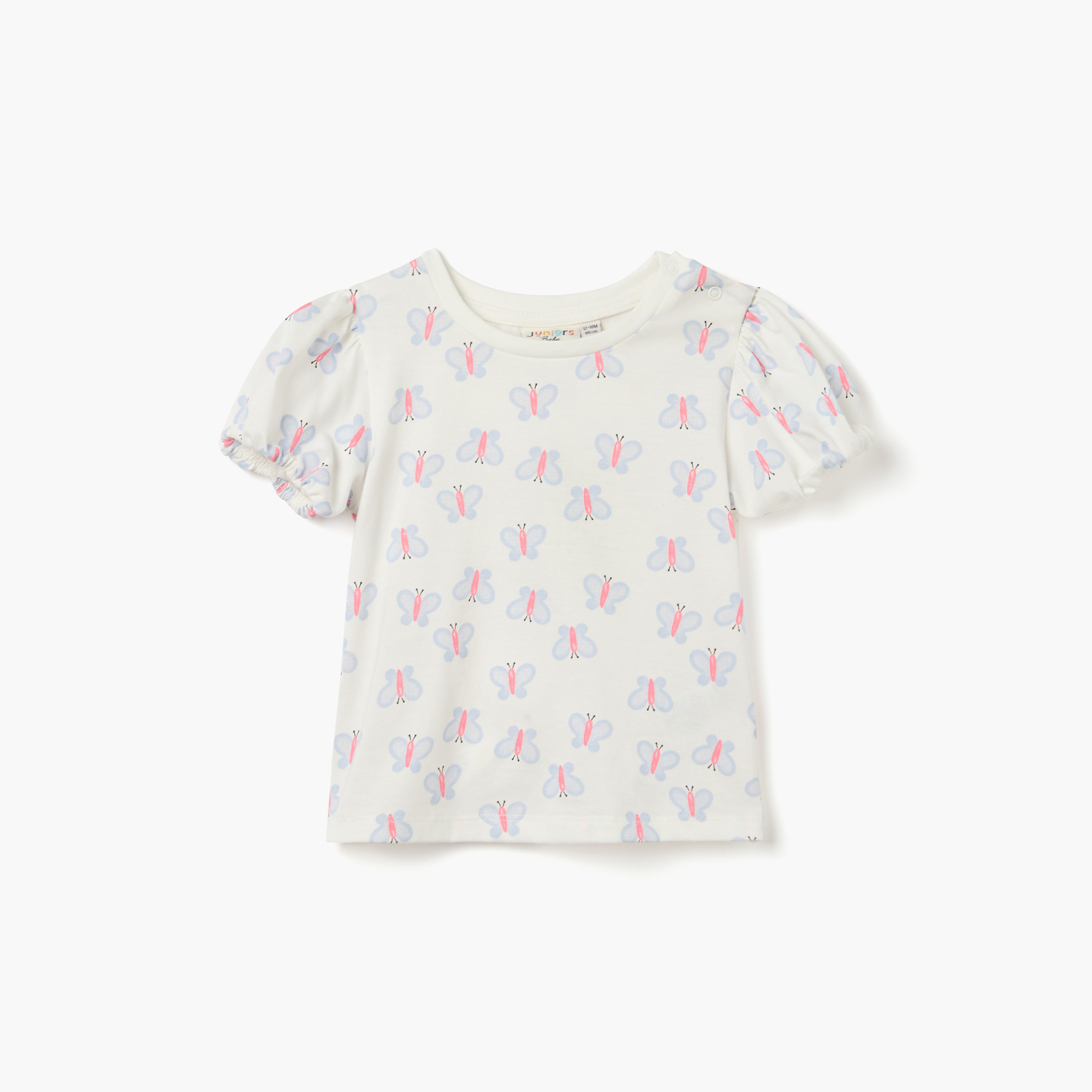 Juniors Butterfly Print Crew Neck T-shirt with Puff Sleeves-baby-girls-clothing-tshirts-image-1