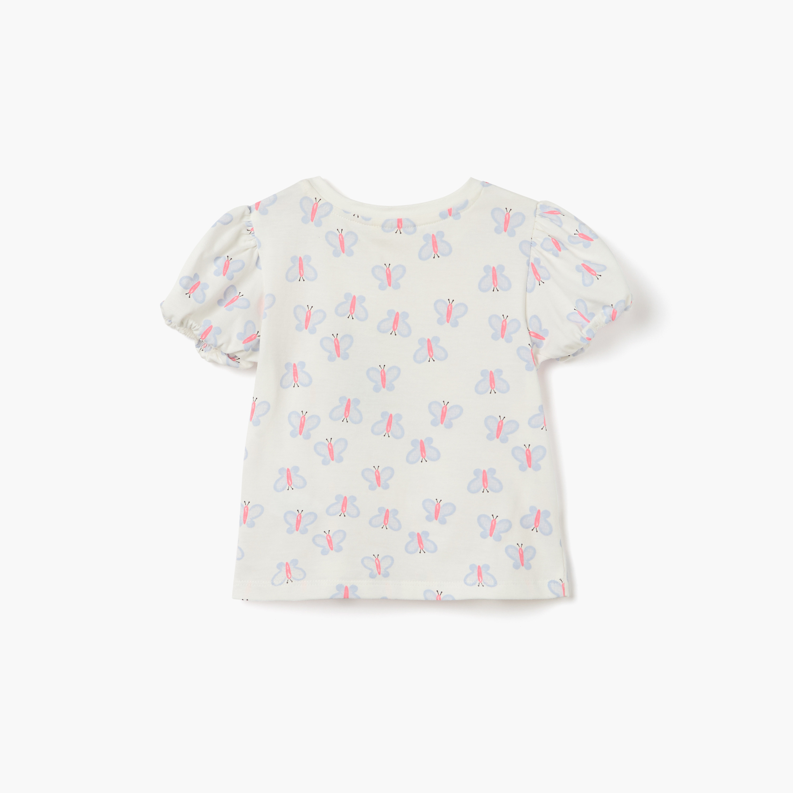 Juniors Butterfly Print Crew Neck T-shirt with Puff Sleeves-baby-girls-clothing-tshirts-image-2