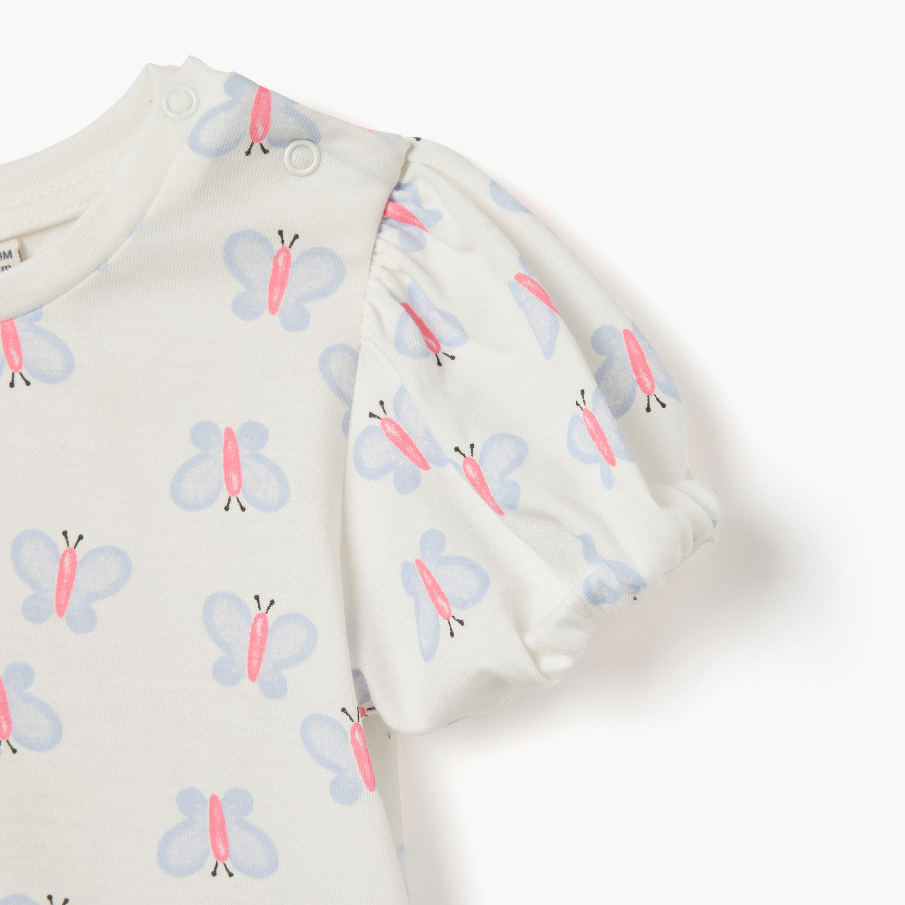 Juniors Butterfly Print Crew Neck T-shirt with Puff Sleeves-baby-girls-clothing-tshirts-image-3