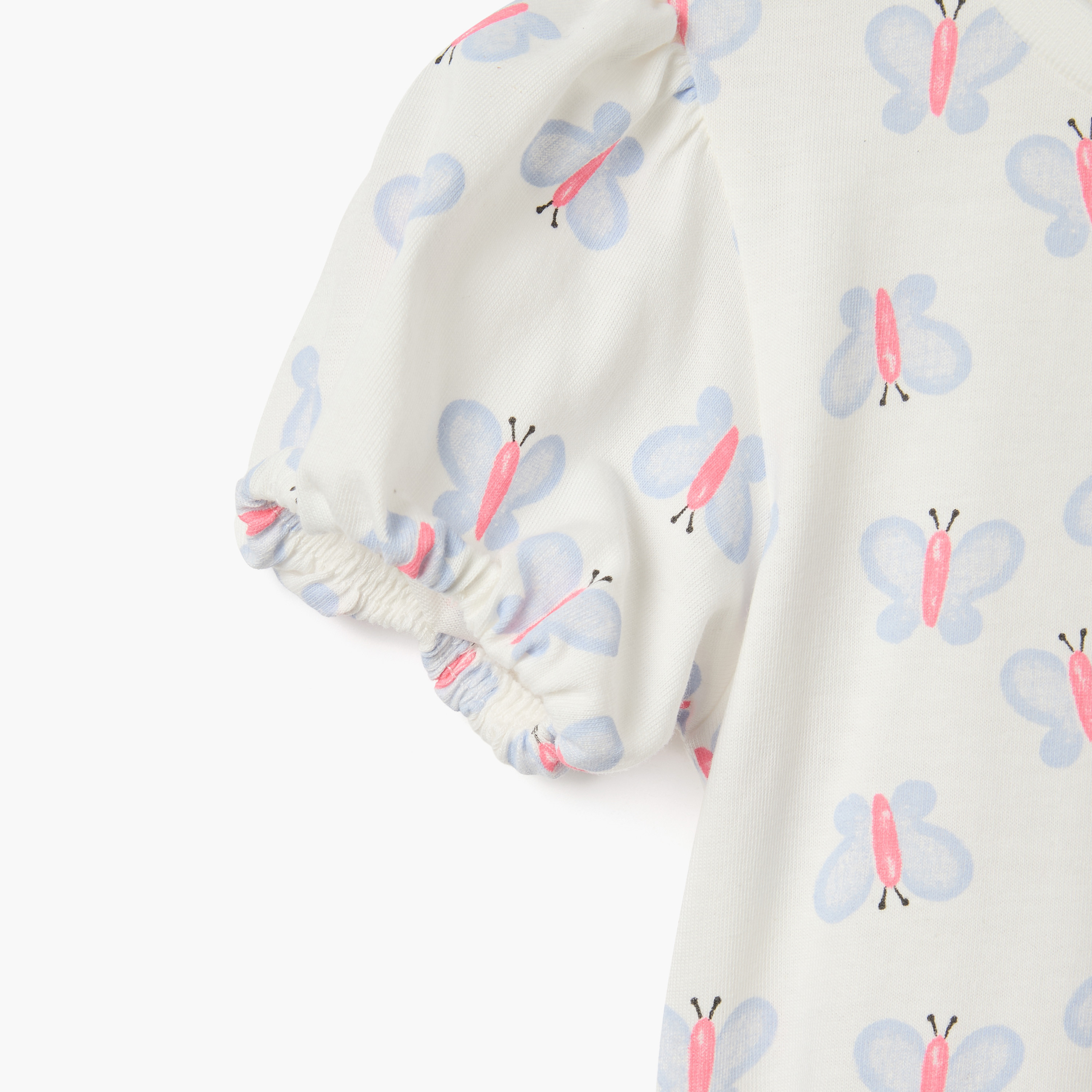 Juniors Butterfly Print Crew Neck T-shirt with Puff Sleeves-baby-girls-clothing-tshirts-image-4