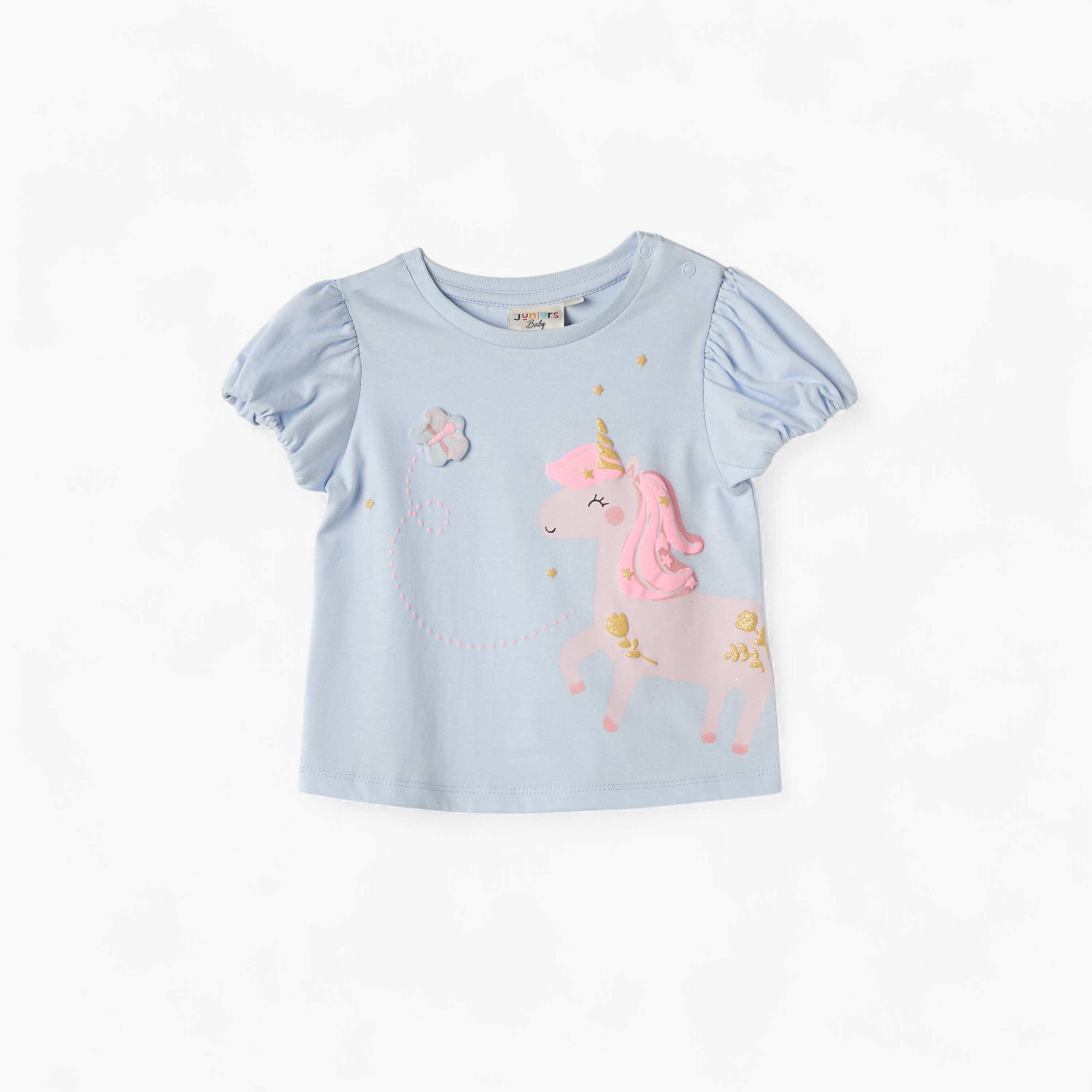 Juniors Unicorn Print T-shirt with Short Sleeves-baby-girls-clothing-tshirts-image-1