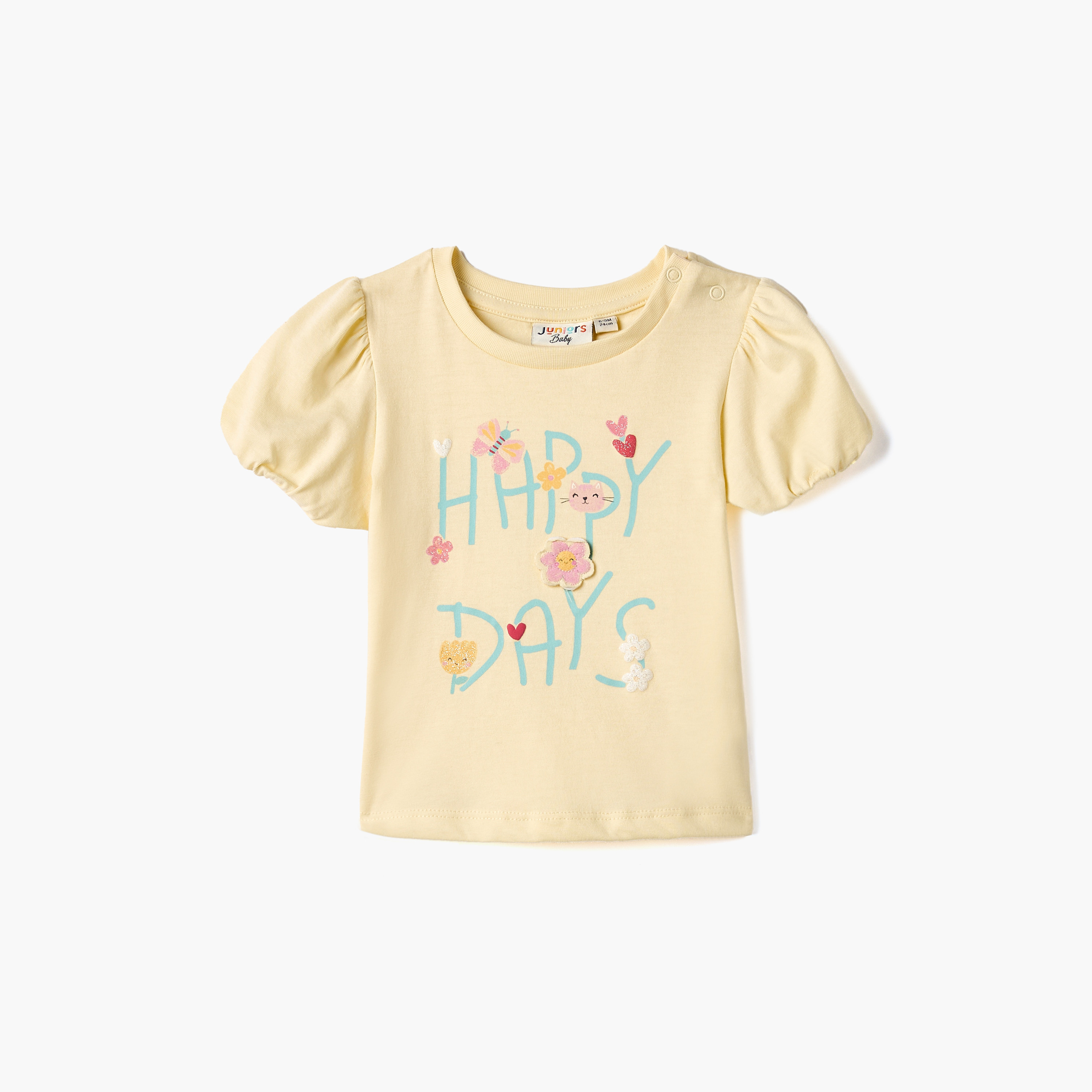 Juniors Graphic Print T-shirt with Puff Sleeves-baby-girls-clothing-tshirts-image-1
