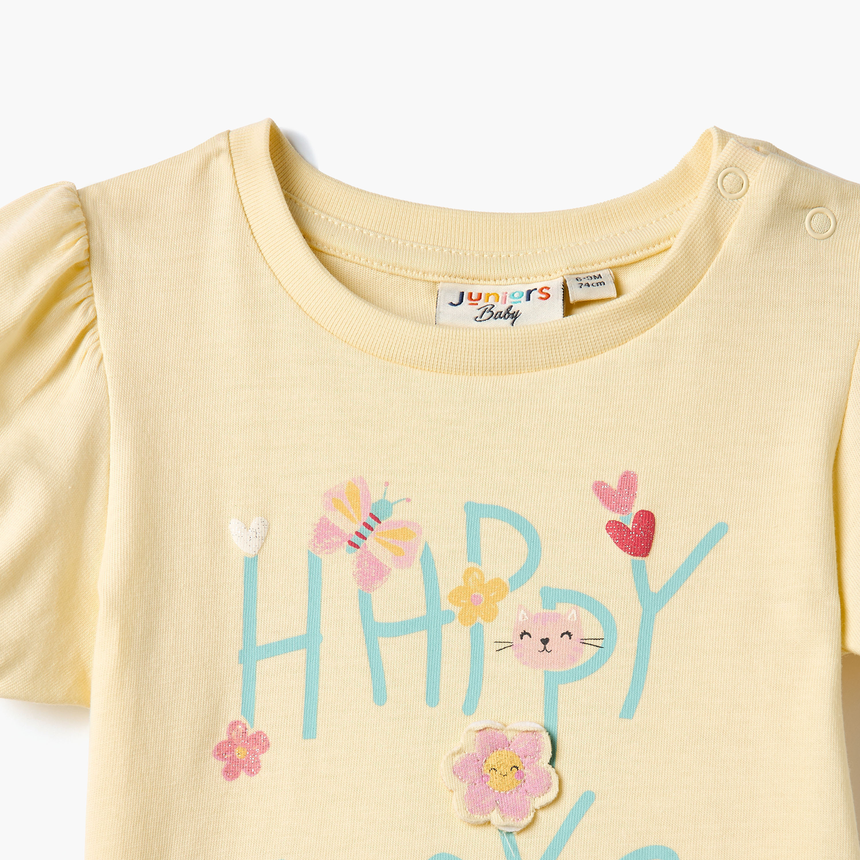 Juniors Graphic Print T-shirt with Puff Sleeves-baby-girls-clothing-tshirts-image-3