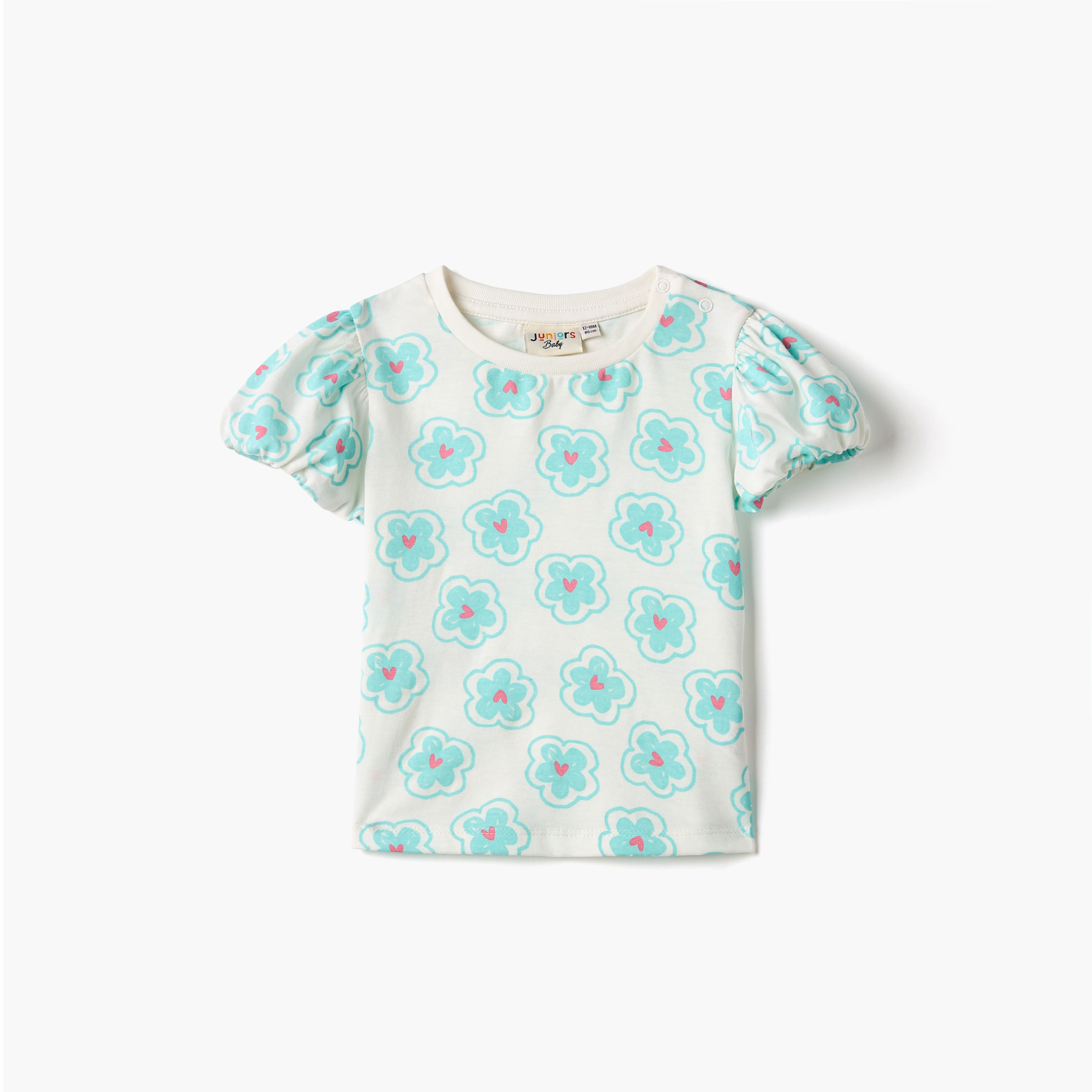 Juniors All-Over Floral Print T-shirt with Puff Sleeves-baby-girls-clothing-tshirts-image-1