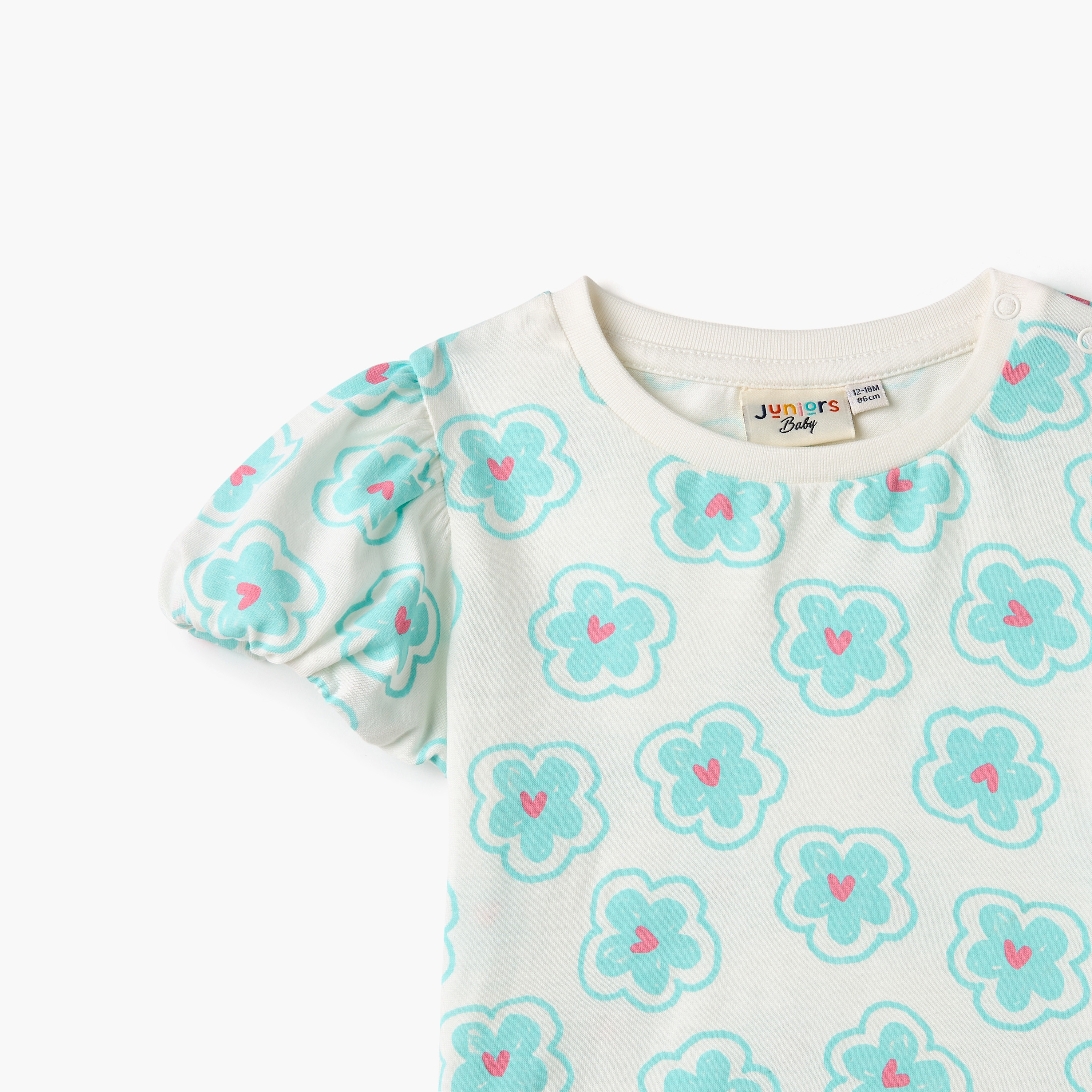 Juniors All-Over Floral Print T-shirt with Puff Sleeves-baby-girls-clothing-tshirts-image-3