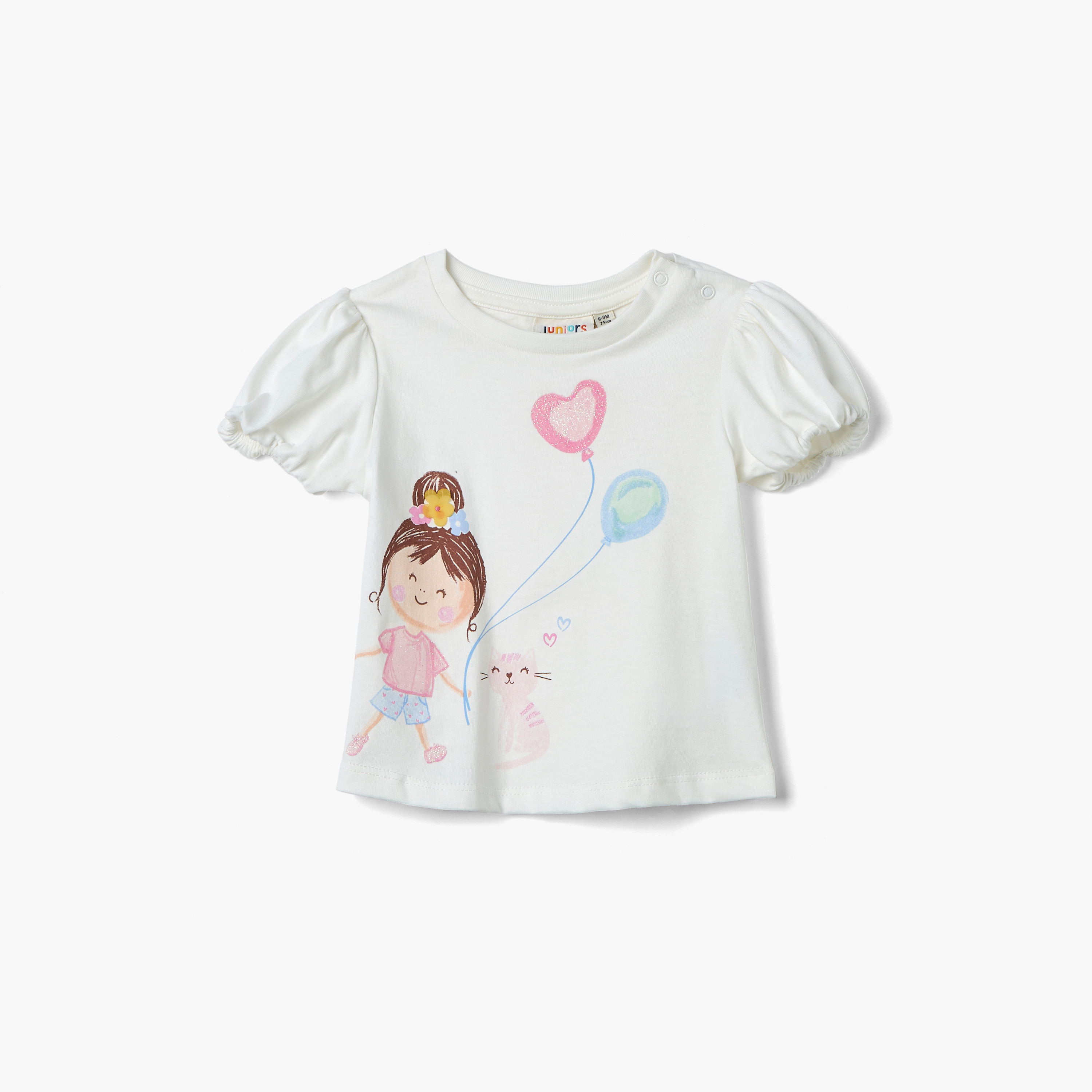 Juniors Printed T-shirt with Balloon Sleeves-baby-girls-clothing-tshirts-image-1