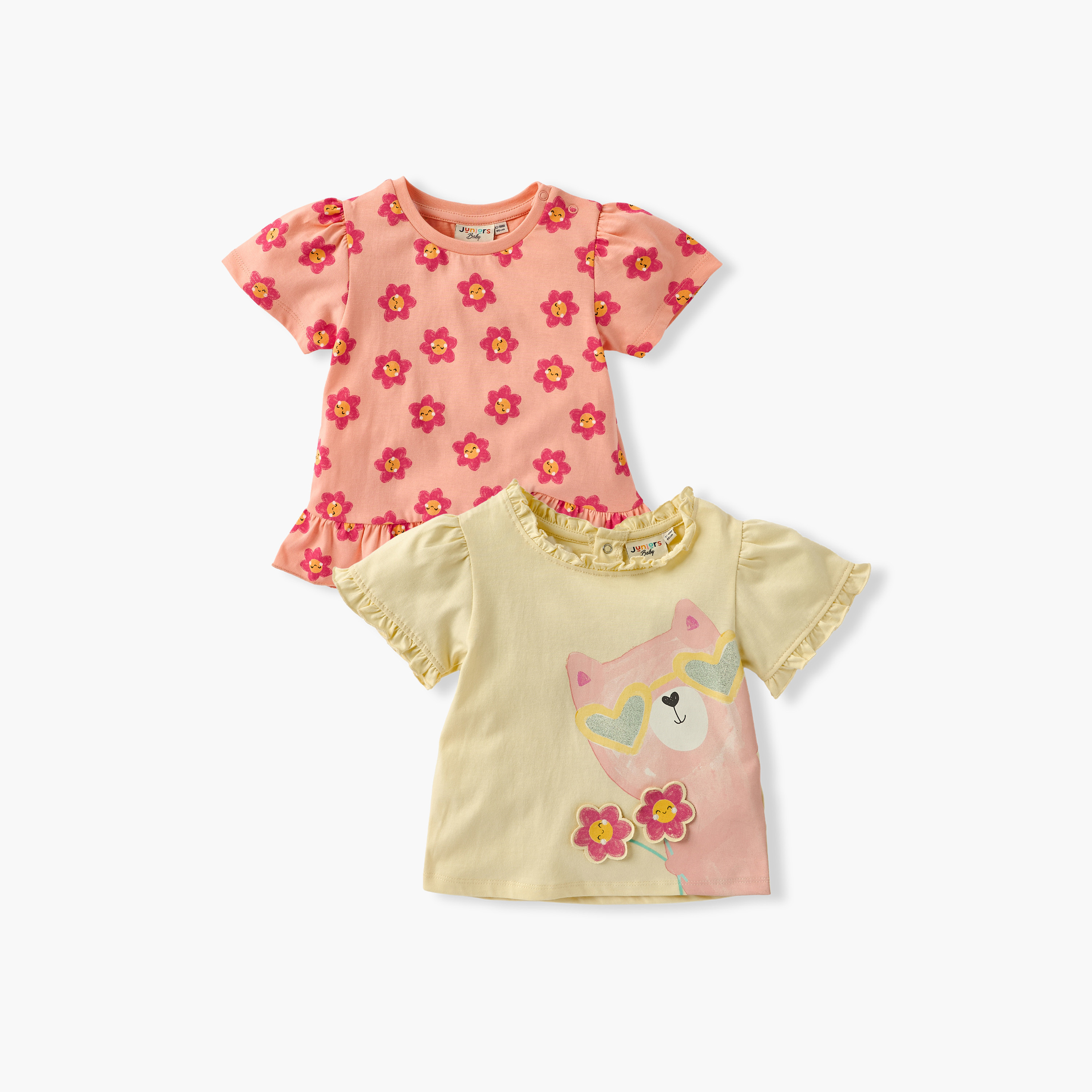 Juniors Floral Detail T-shirt with Short Sleeves - Set of 2-baby-girls-clothing-tshirts-image-1