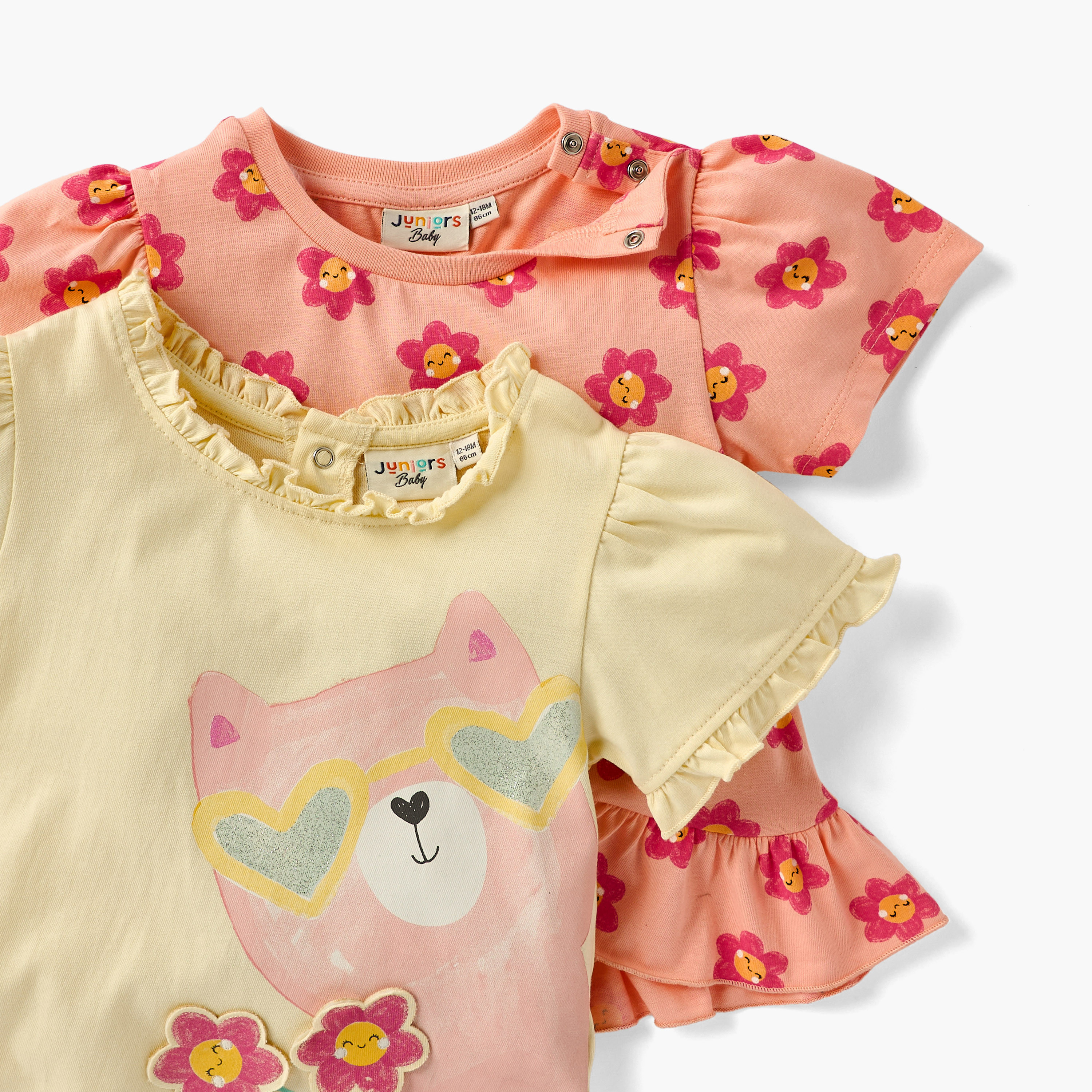 Juniors Floral Detail T-shirt with Short Sleeves - Set of 2-baby-girls-clothing-tshirts-image-4