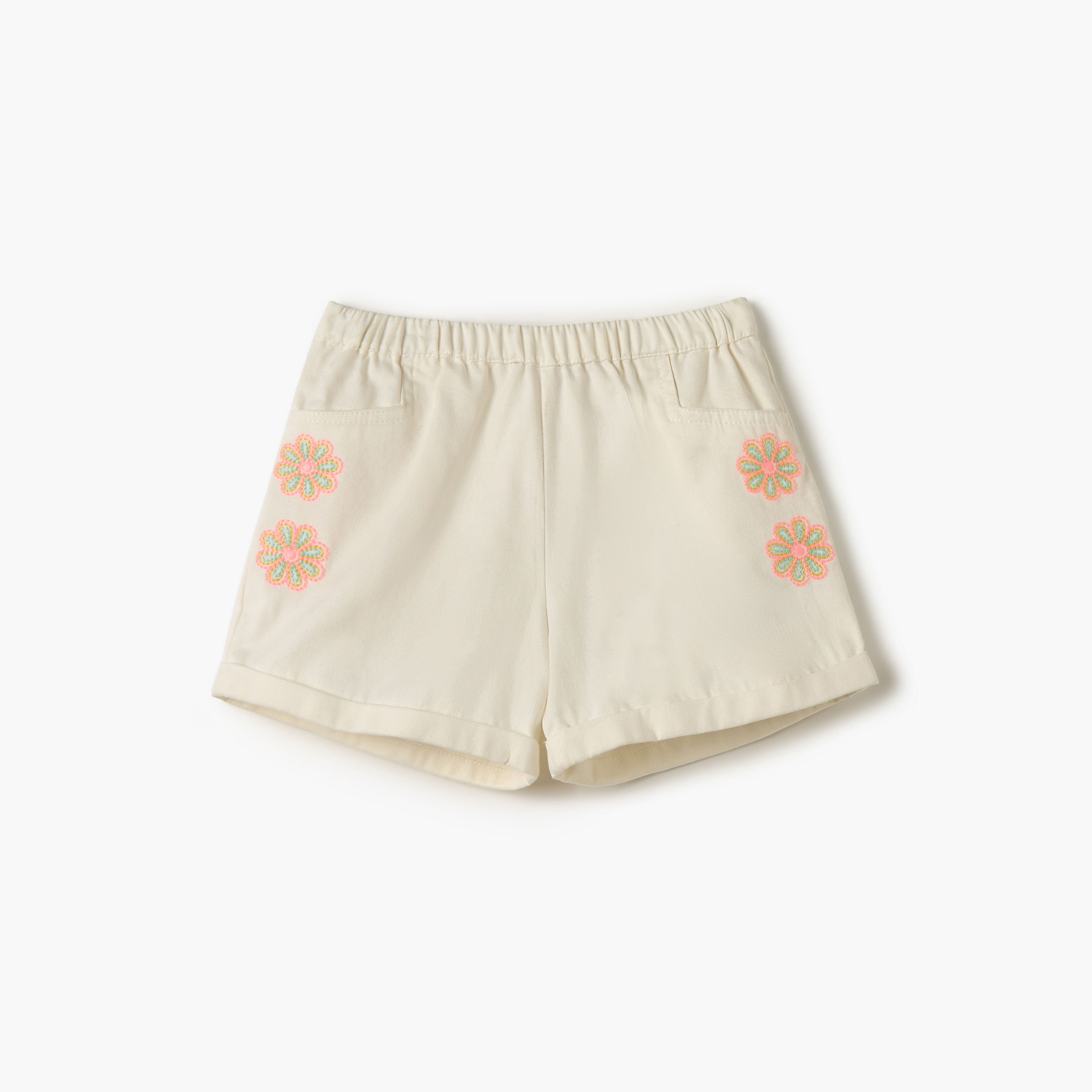 Juniors Floral Embroidered Denim Shorts with Elasticated Waistband-baby-girls-clothing-bottoms-shorts-image-1
