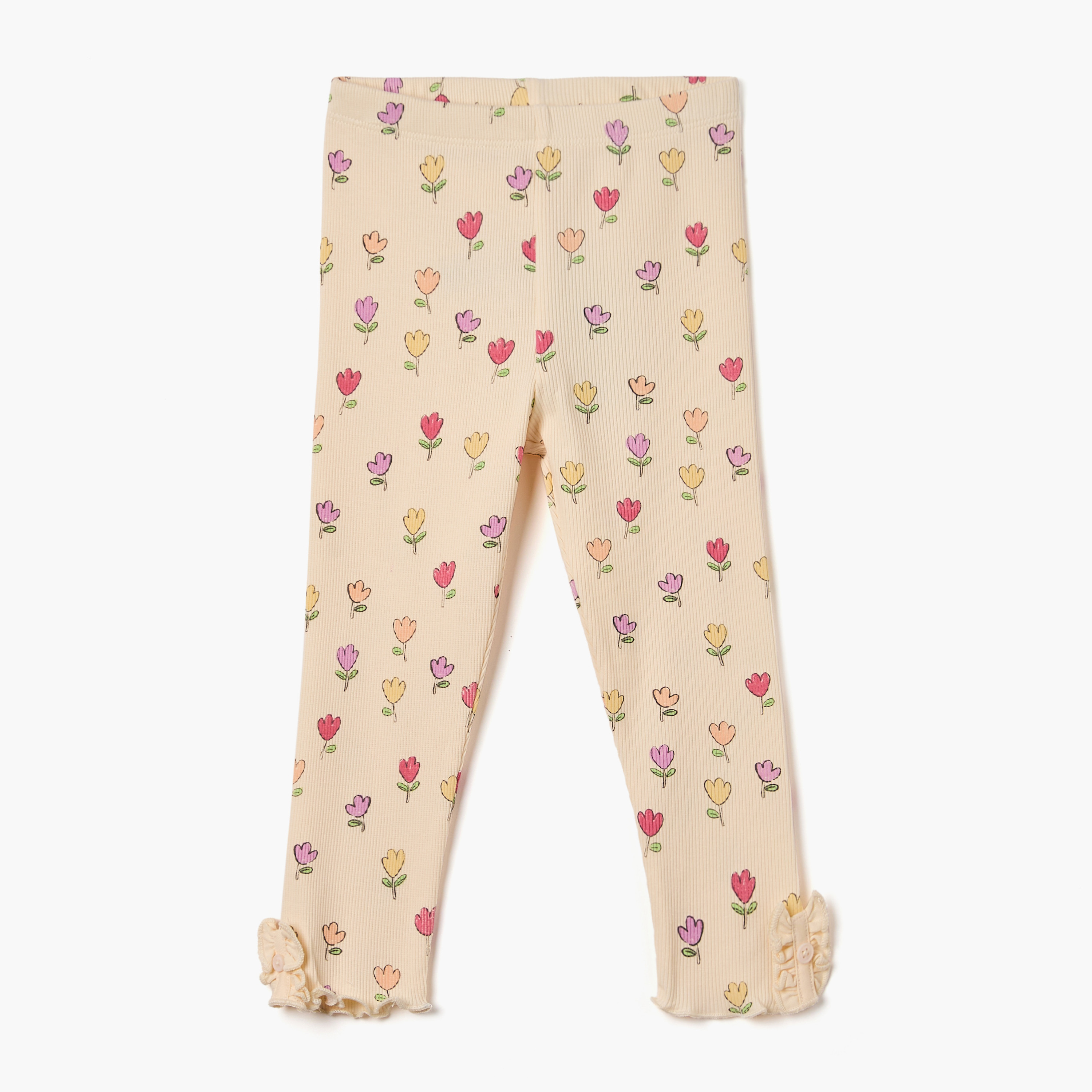 Juniors Floral Print Leggings with Elasticated Waistband and Lettuce Hem-baby-girls-clothing-bottoms-leggings-image-1
