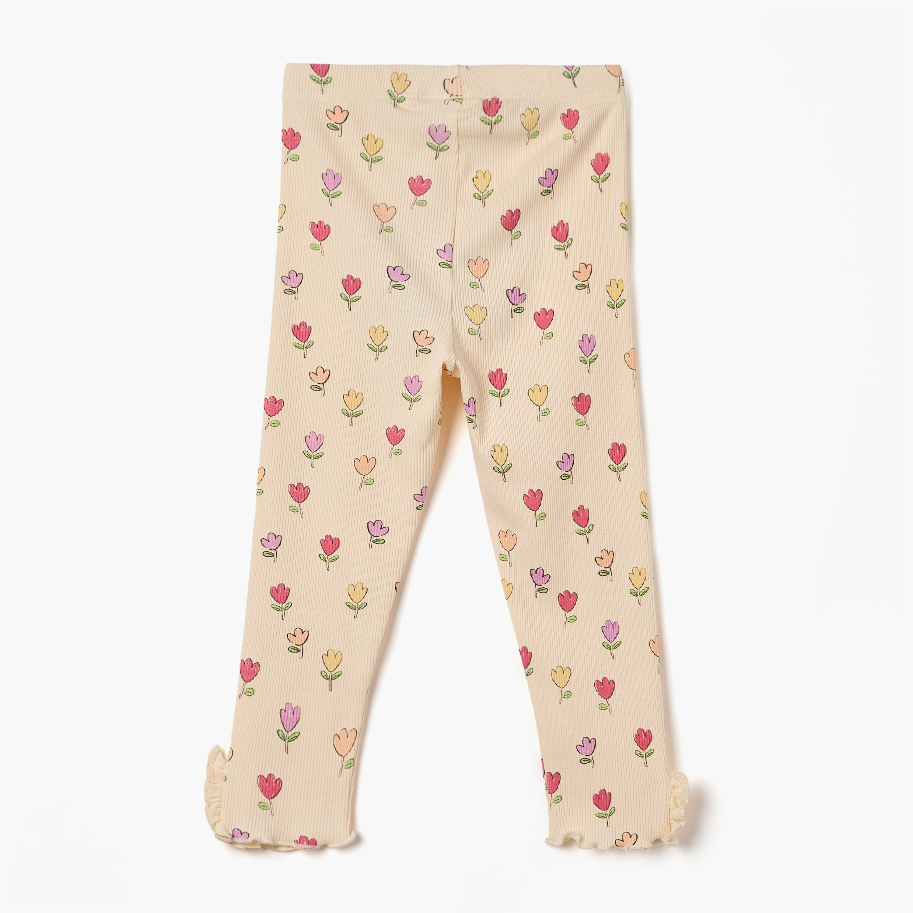 Juniors Floral Print Leggings with Elasticated Waistband and Lettuce Hem-baby-girls-clothing-bottoms-leggings-image-2