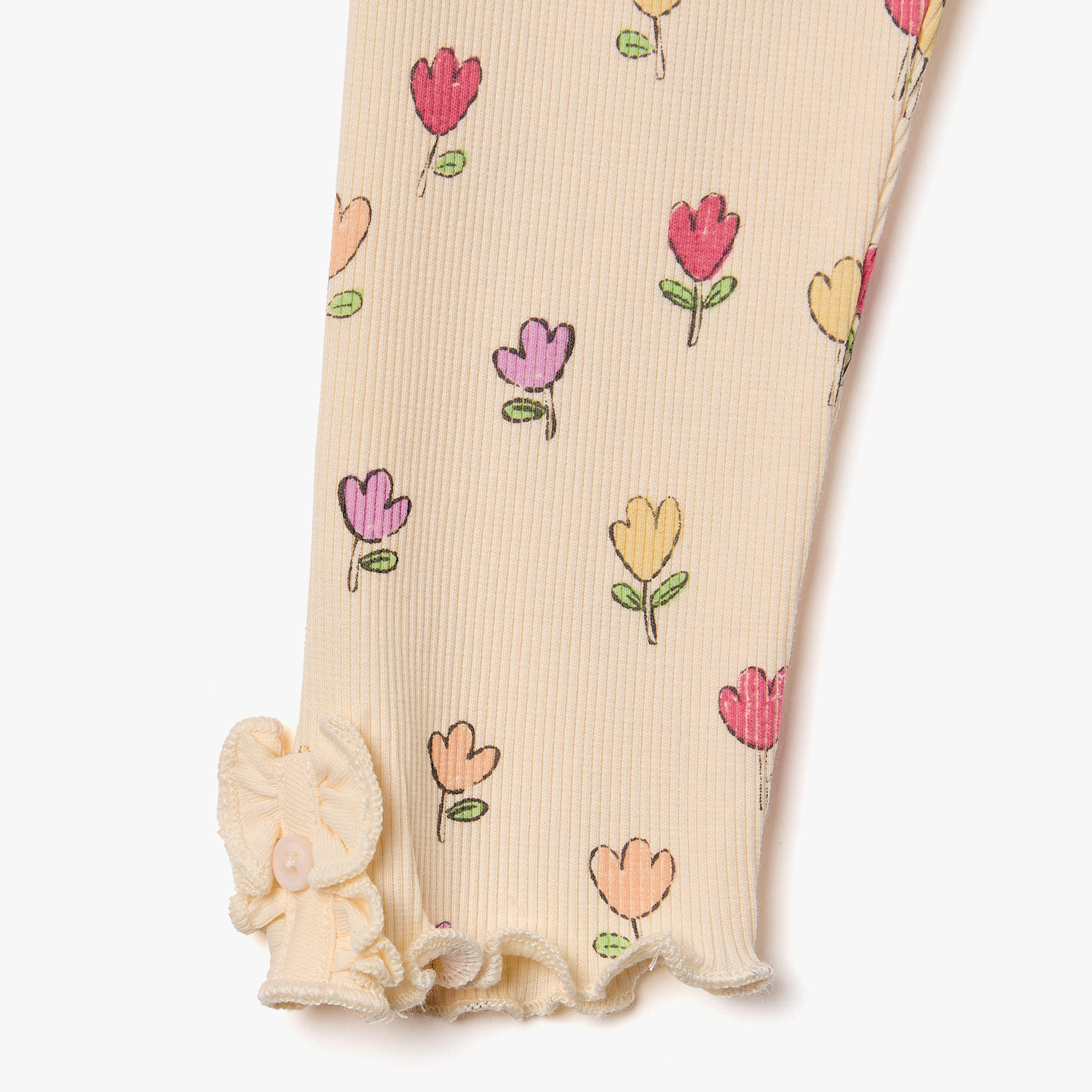 Juniors Floral Print Leggings with Elasticated Waistband and Lettuce Hem-baby-girls-clothing-bottoms-leggings-image-4
