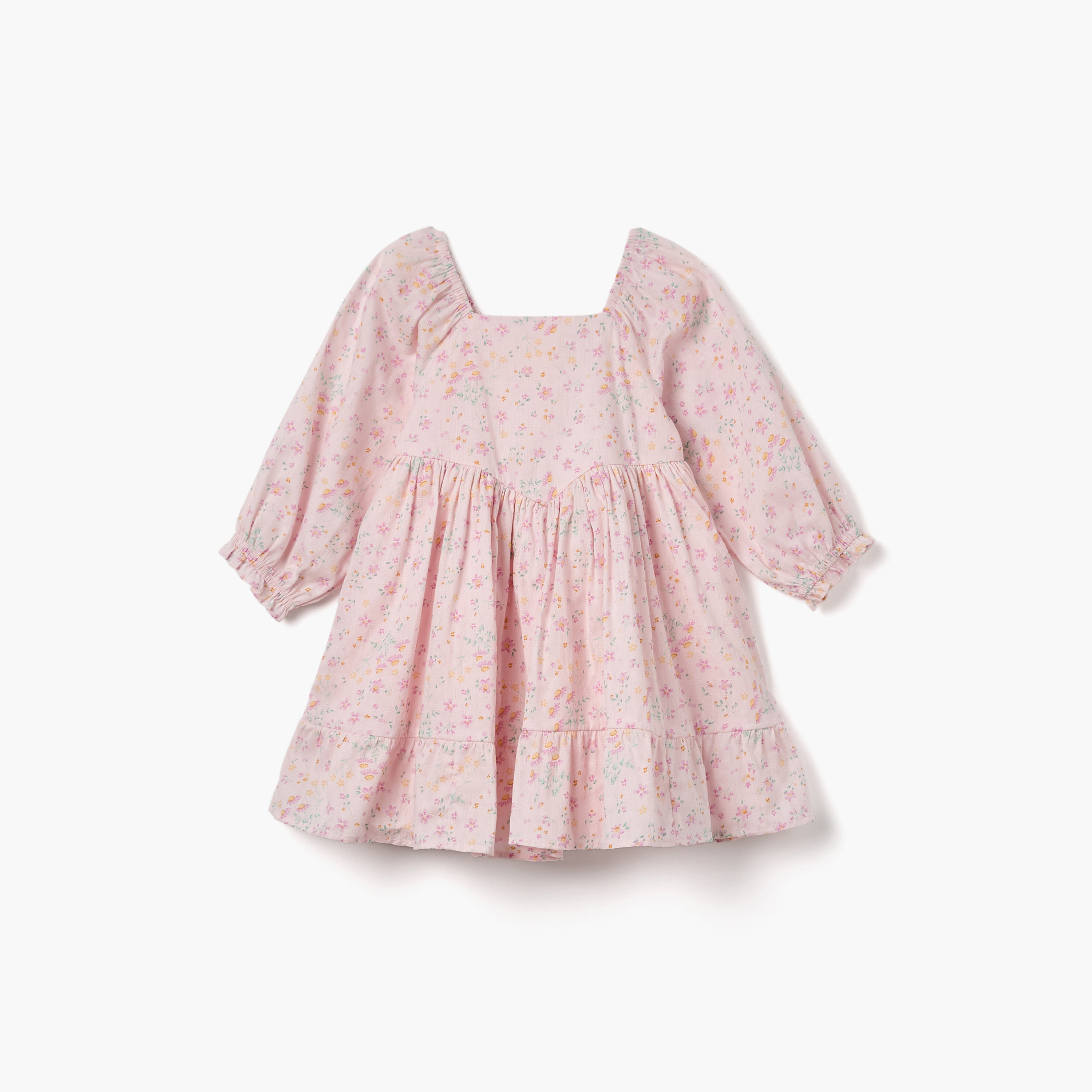 Juniors Floral Print A-line Dress with Square Neck and Long Sleeves-baby-girls-clothing-dressesandjumpsuits-image-1