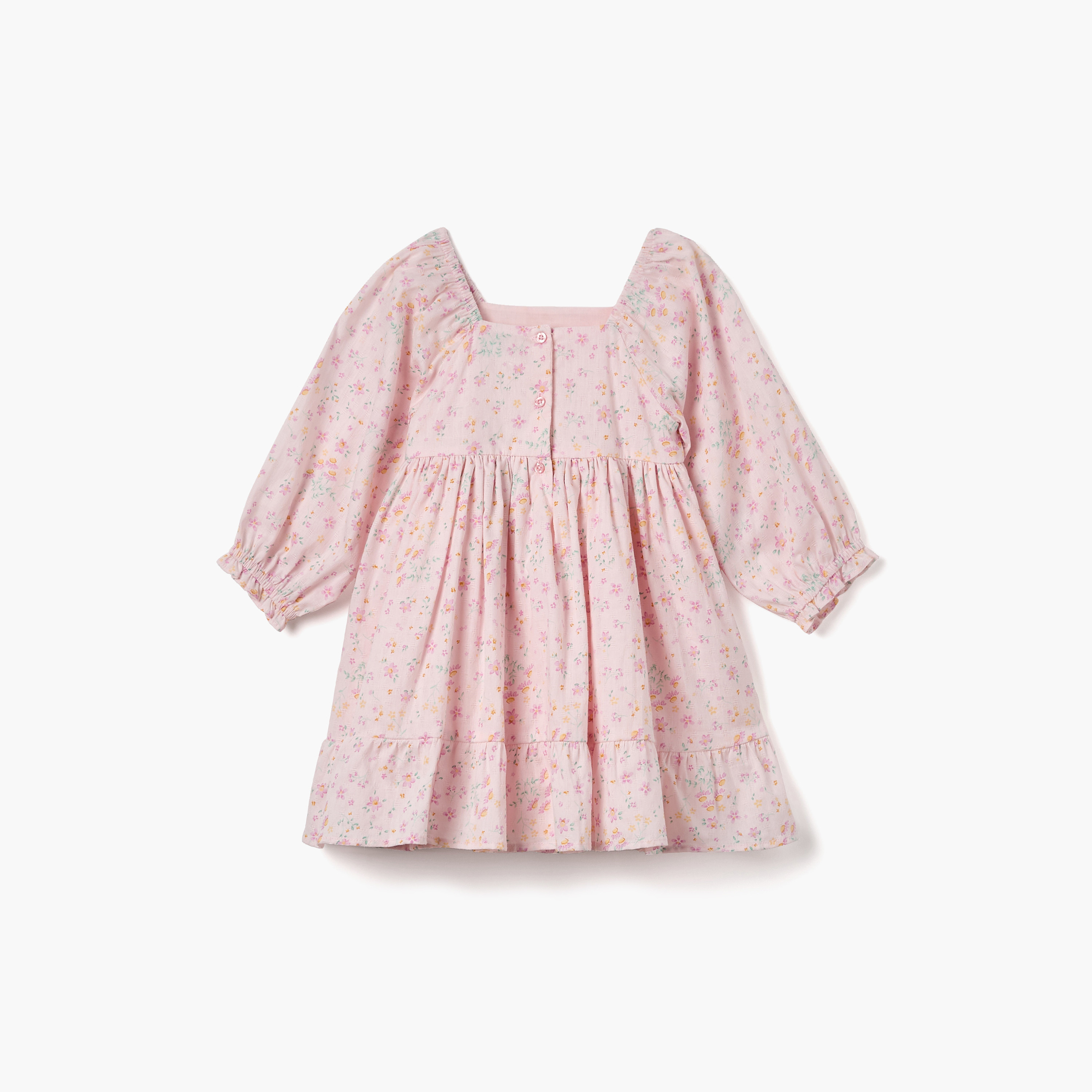 Juniors Floral Print A-line Dress with Square Neck and Long Sleeves-baby-girls-clothing-dressesandjumpsuits-image-2