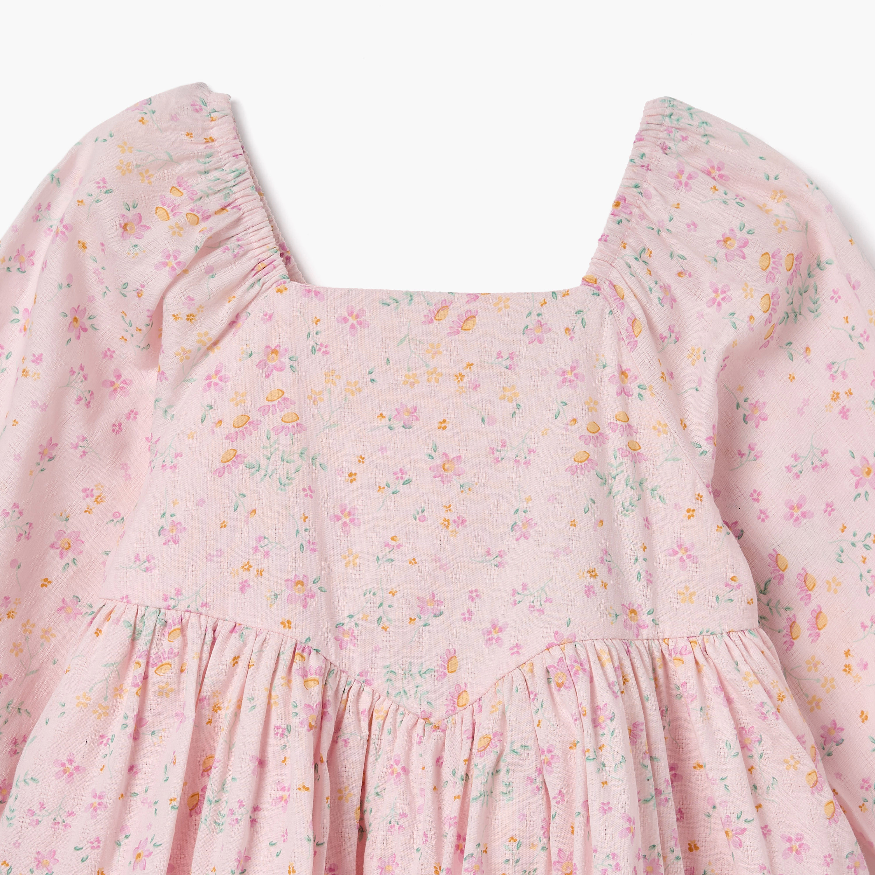 Juniors Floral Print A-line Dress with Square Neck and Long Sleeves-baby-girls-clothing-dressesandjumpsuits-image-3