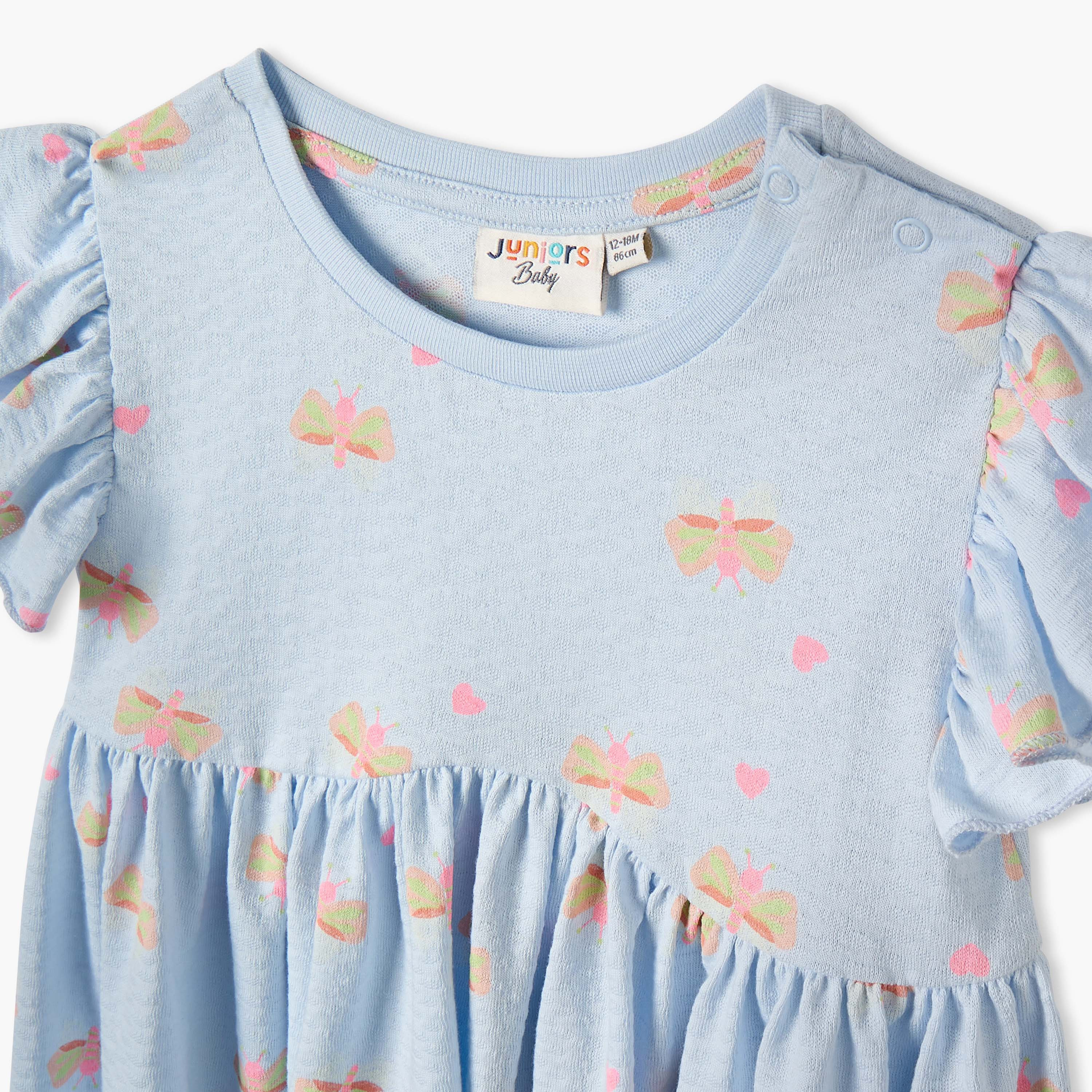 فستان إيه لاين بياقة مستديرة وأكمام واسعة وطبعات فراشة من جونيورز-baby-girls-clothing-dressesandjumpsuits-image-3