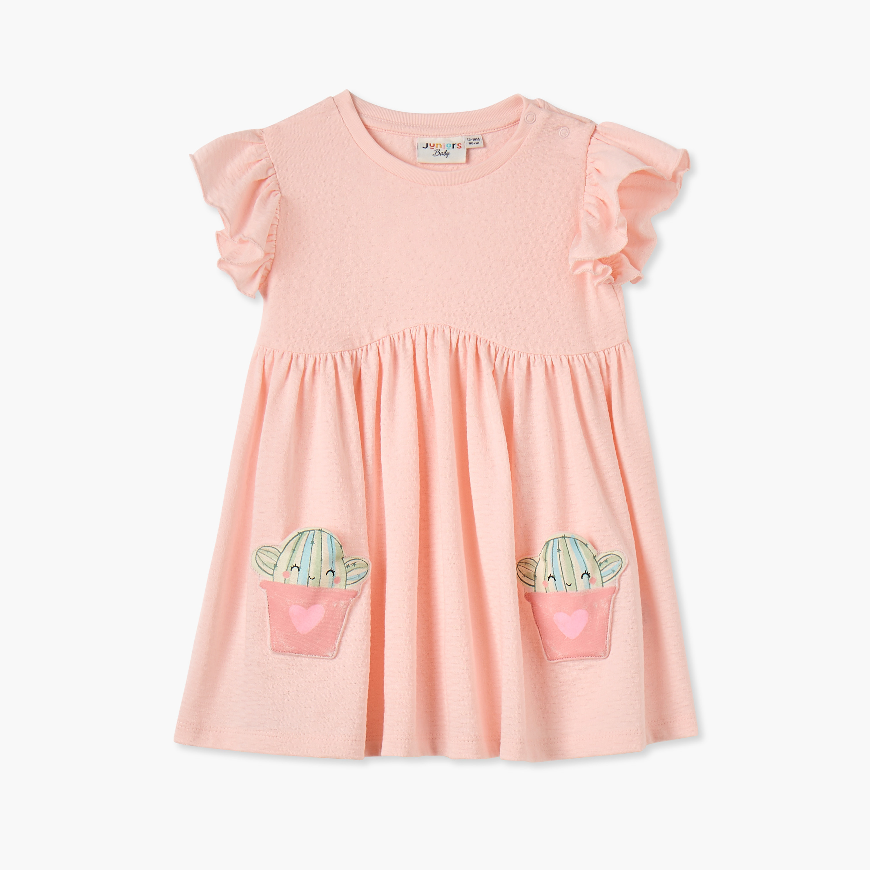 Juniors Applique Detail A-line Dress with Round Neck and Flutter Sleeves-baby-girls-clothing-dressesandjumpsuits-image-1