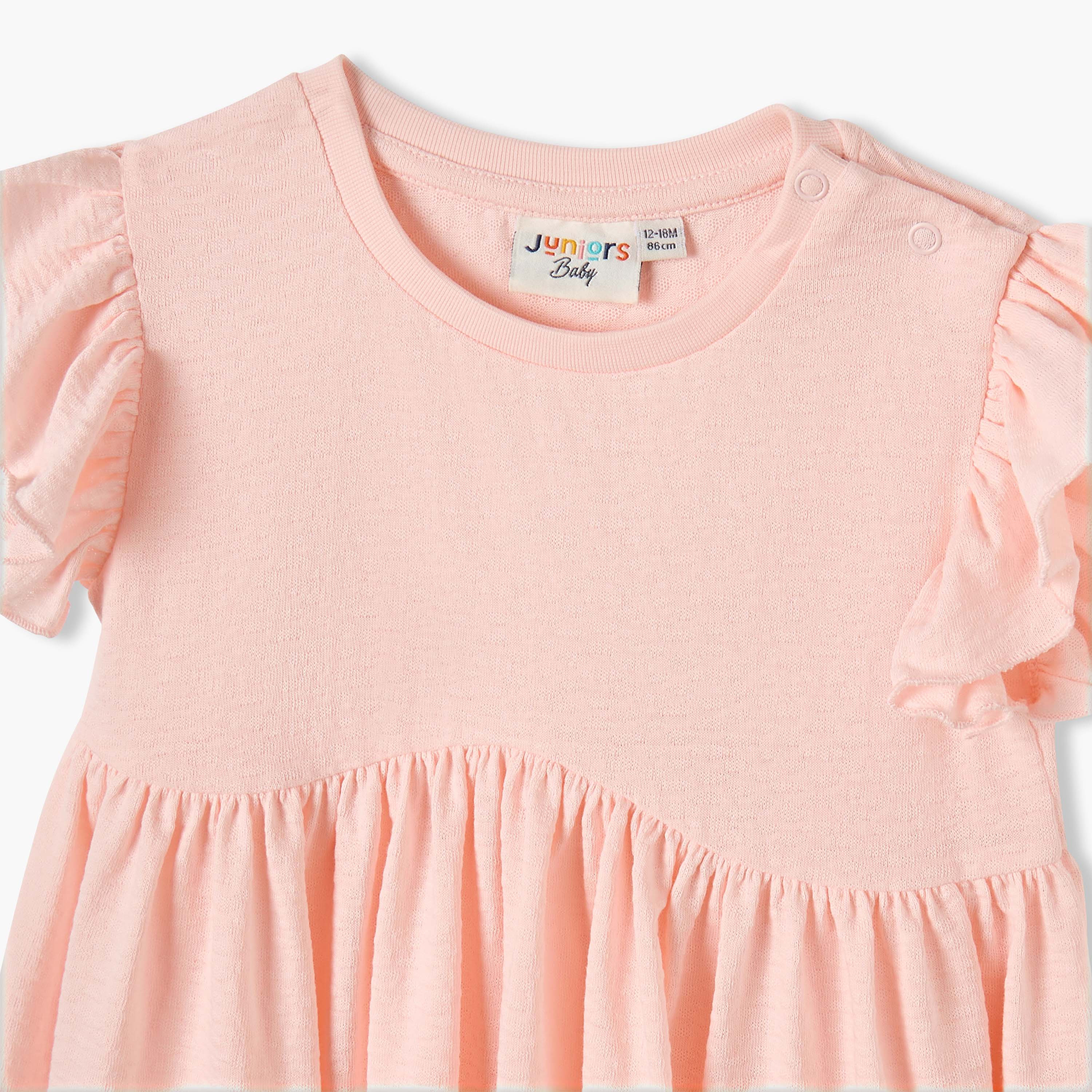 Juniors Applique Detail A-line Dress with Round Neck and Flutter Sleeves-baby-girls-clothing-dressesandjumpsuits-image-3