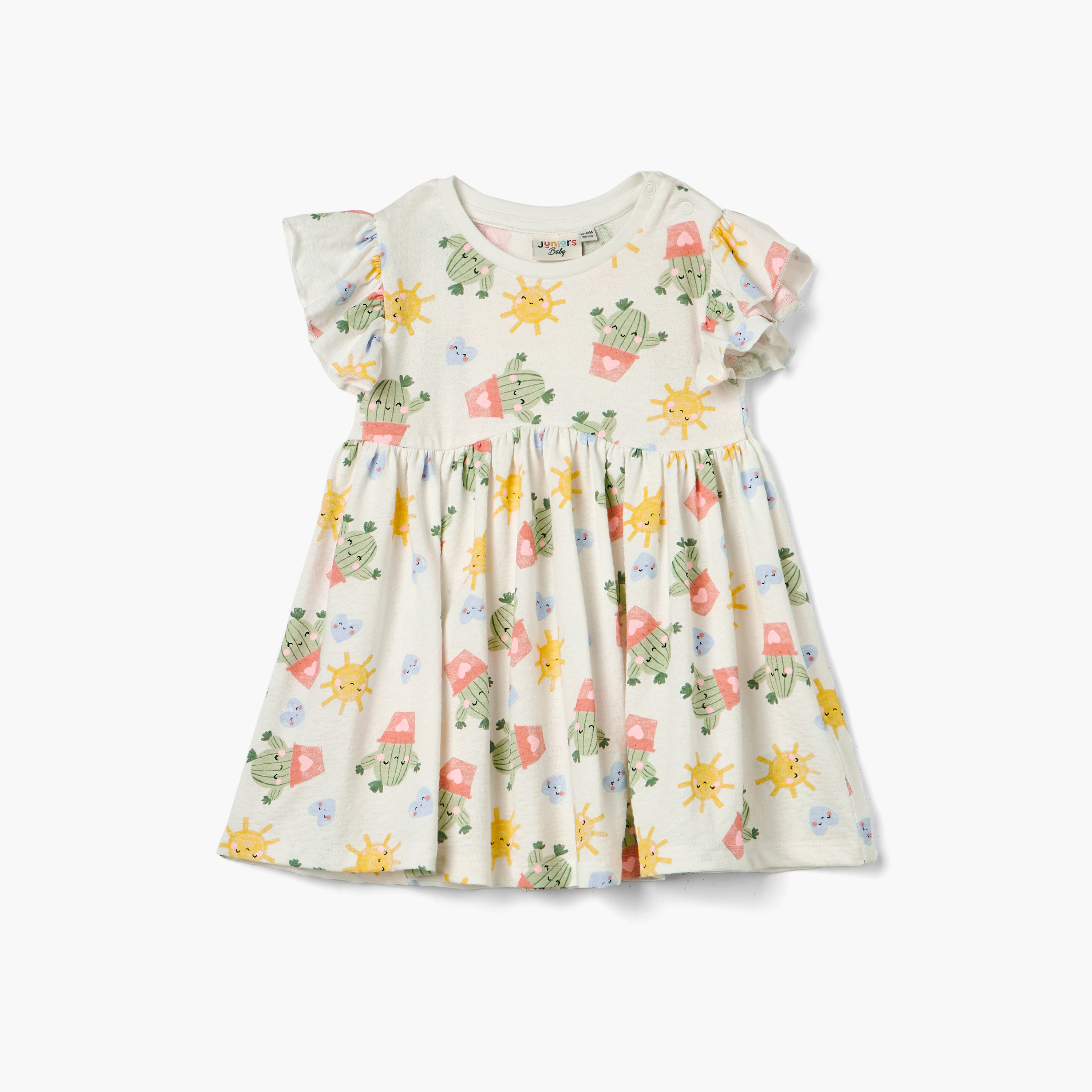Juniors All-Over Printed Dress with Ruffle Sleeves and Round Neck-baby-girls-clothing-dressesandjumpsuits-image-1