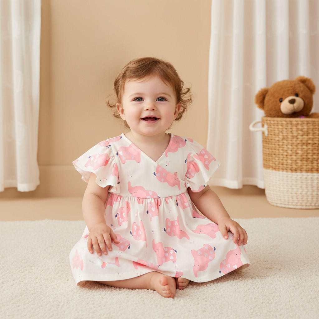 فستان إيه لاين بياقة V وأكمام واسعة وطبعات فيل من جونيورز-baby-girls-clothing-dressesandjumpsuits-image-1