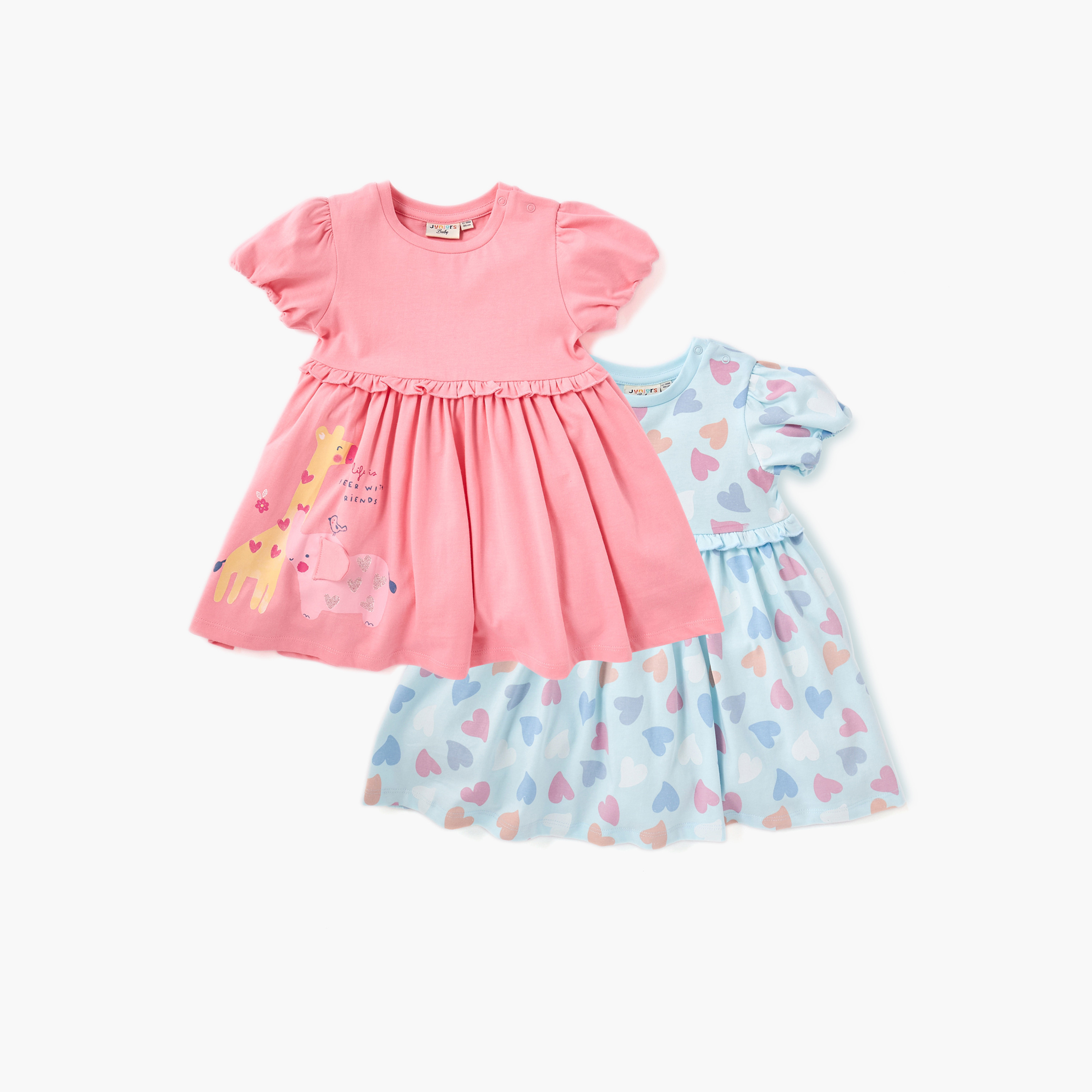Juniors Printed A-line Dress with Puff Sleeves - Set of 2-baby-girls-clothing-dressesandjumpsuits-image-1