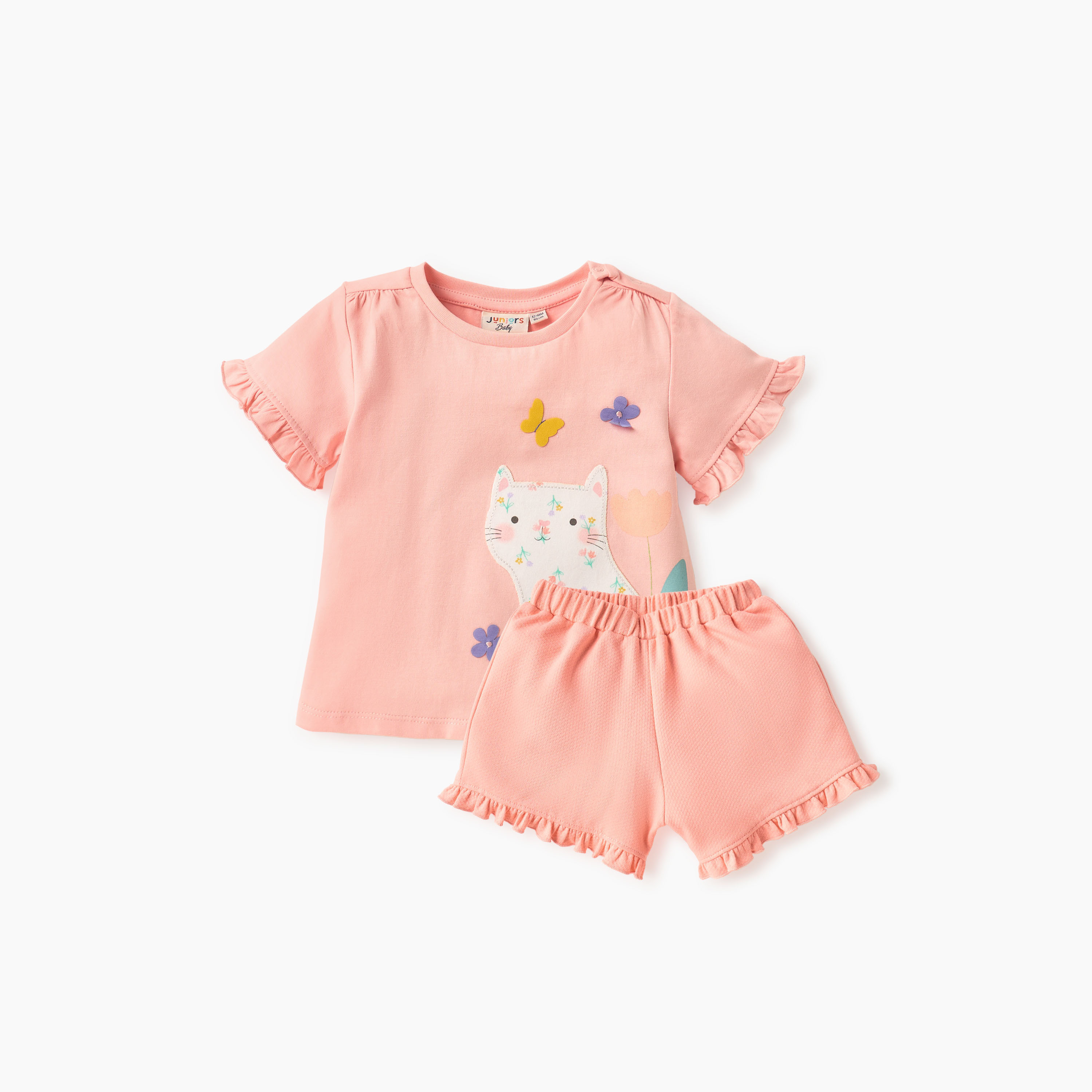 طقم شورت سادة وتيشيرت بزخارف قطة من جونيورز-baby-girls-clothing-setsandcoords-image-1