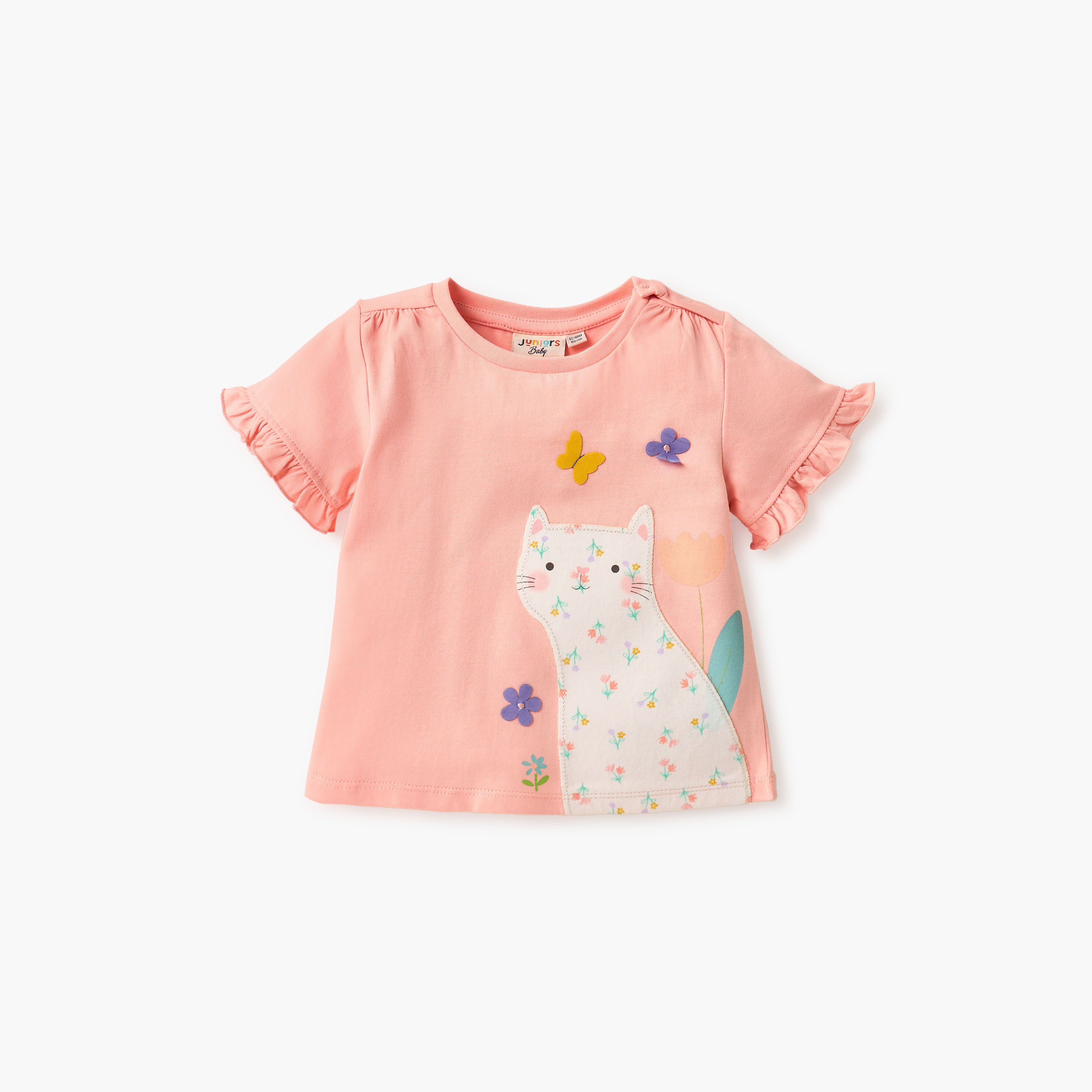 طقم شورت سادة وتيشيرت بزخارف قطة من جونيورز-baby-girls-clothing-setsandcoords-image-2