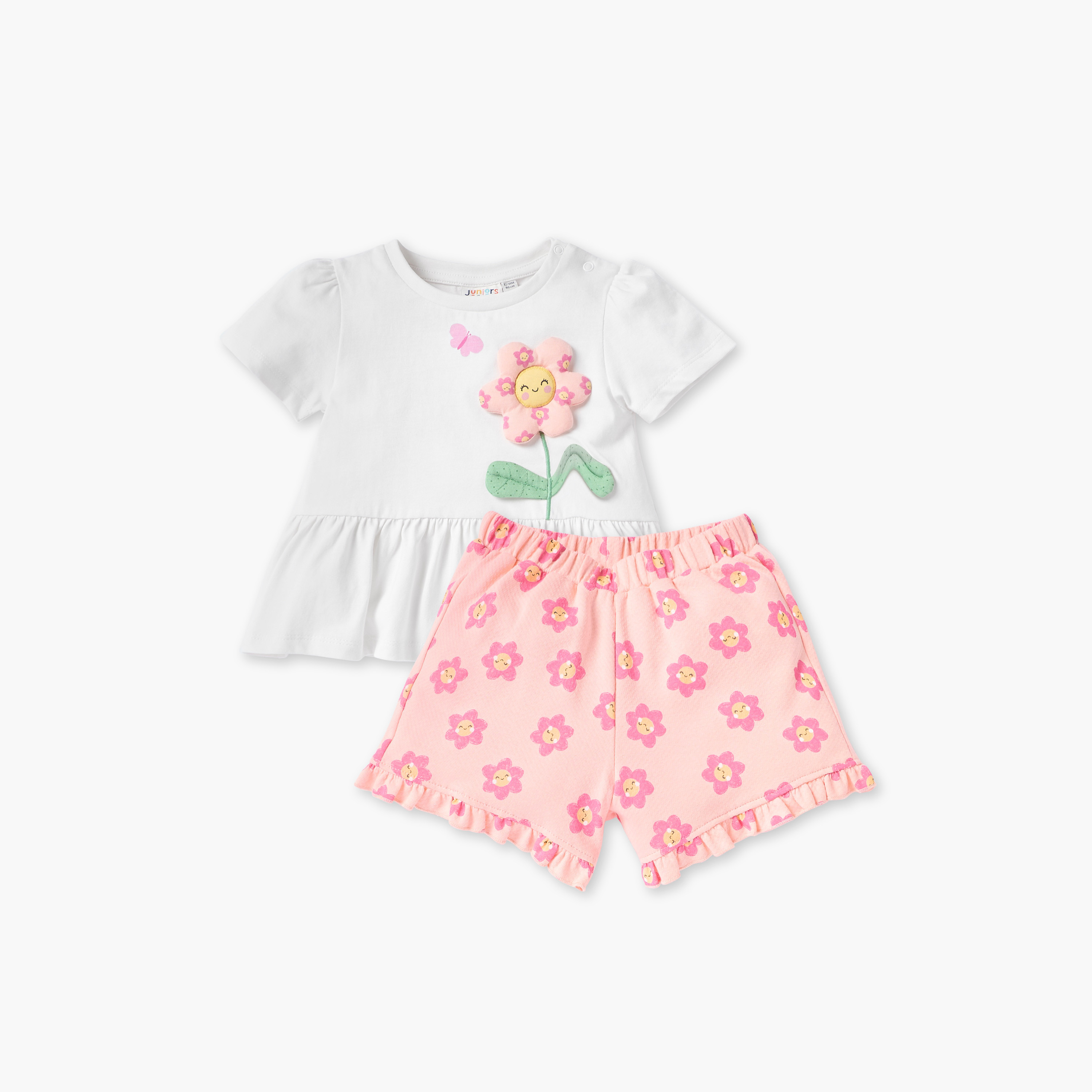 طقم شورت وبلوزة بخصر كشكش وطبعات زهرية من جونيورز-baby-girls-clothing-setsandcoords-image-1