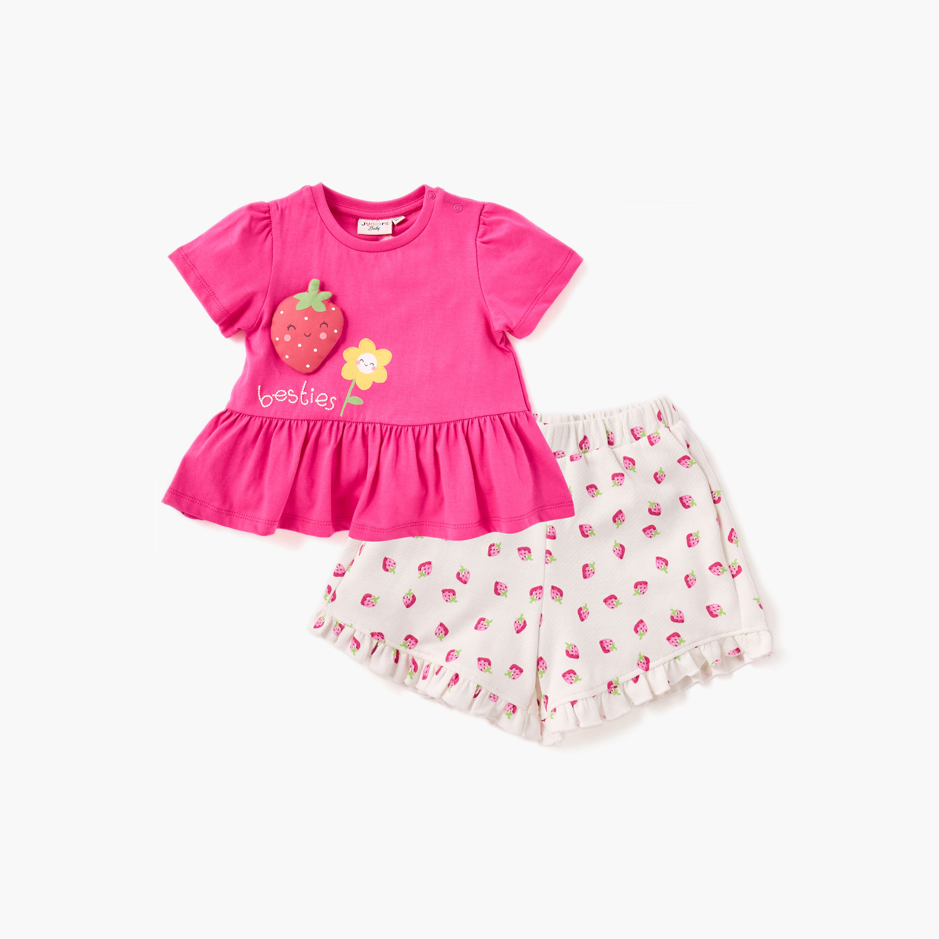 Juniors Strawberry Applique Detail Peplum Top and Shorts Set-baby-girls-clothing-setsandcoords-image-1