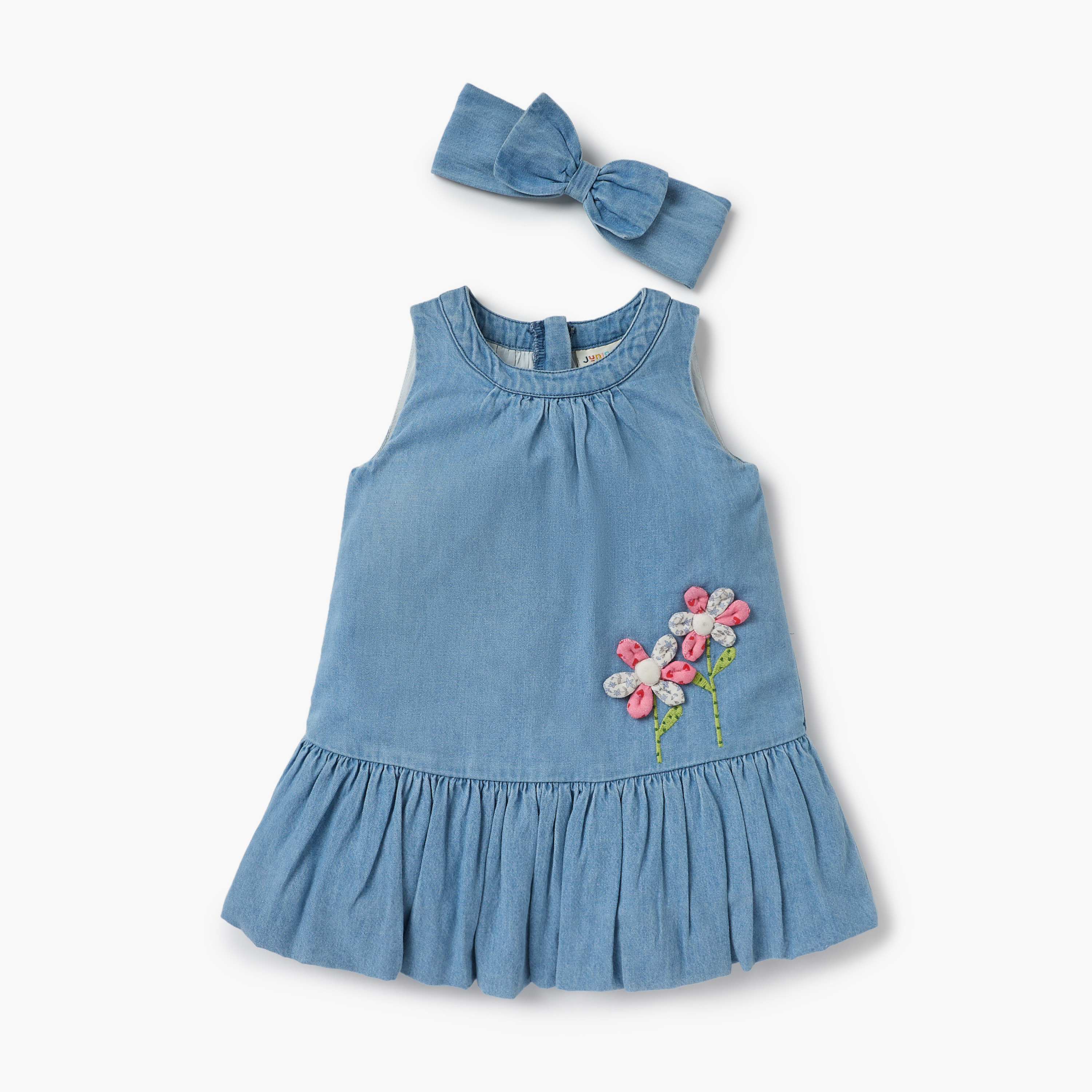Juniors Floral Applique Sleeveless Denim Dress with Headband-baby-girls-clothing-dressesandjumpsuits-image-1