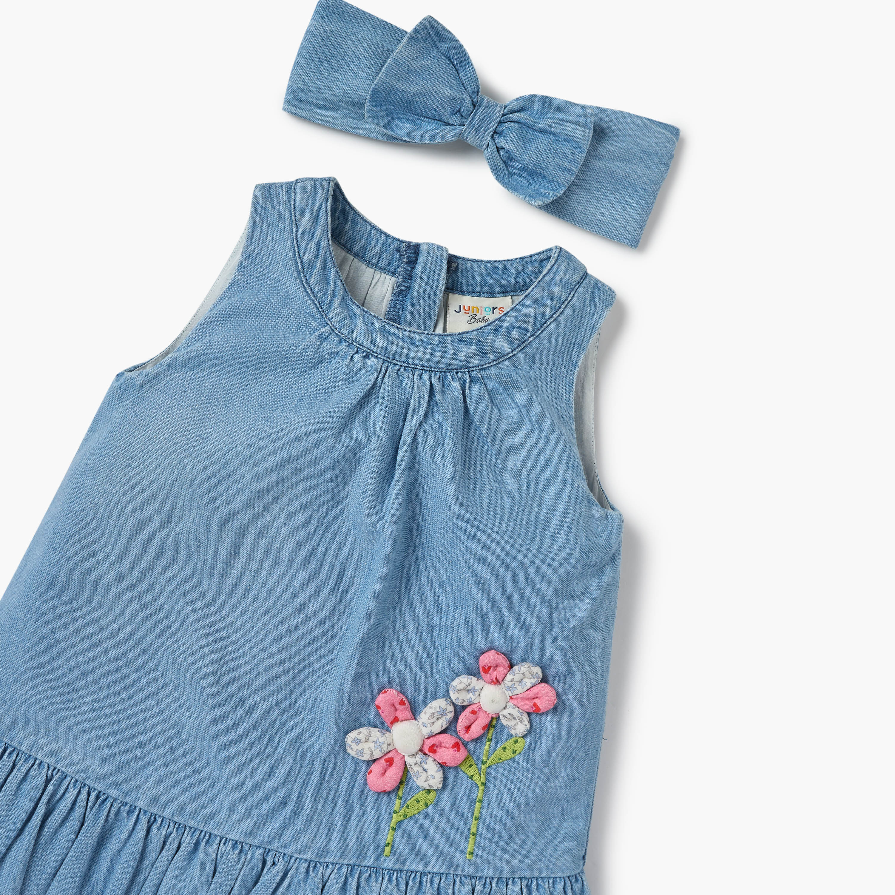 Juniors Floral Applique Sleeveless Denim Dress with Headband-baby-girls-clothing-dressesandjumpsuits-image-5