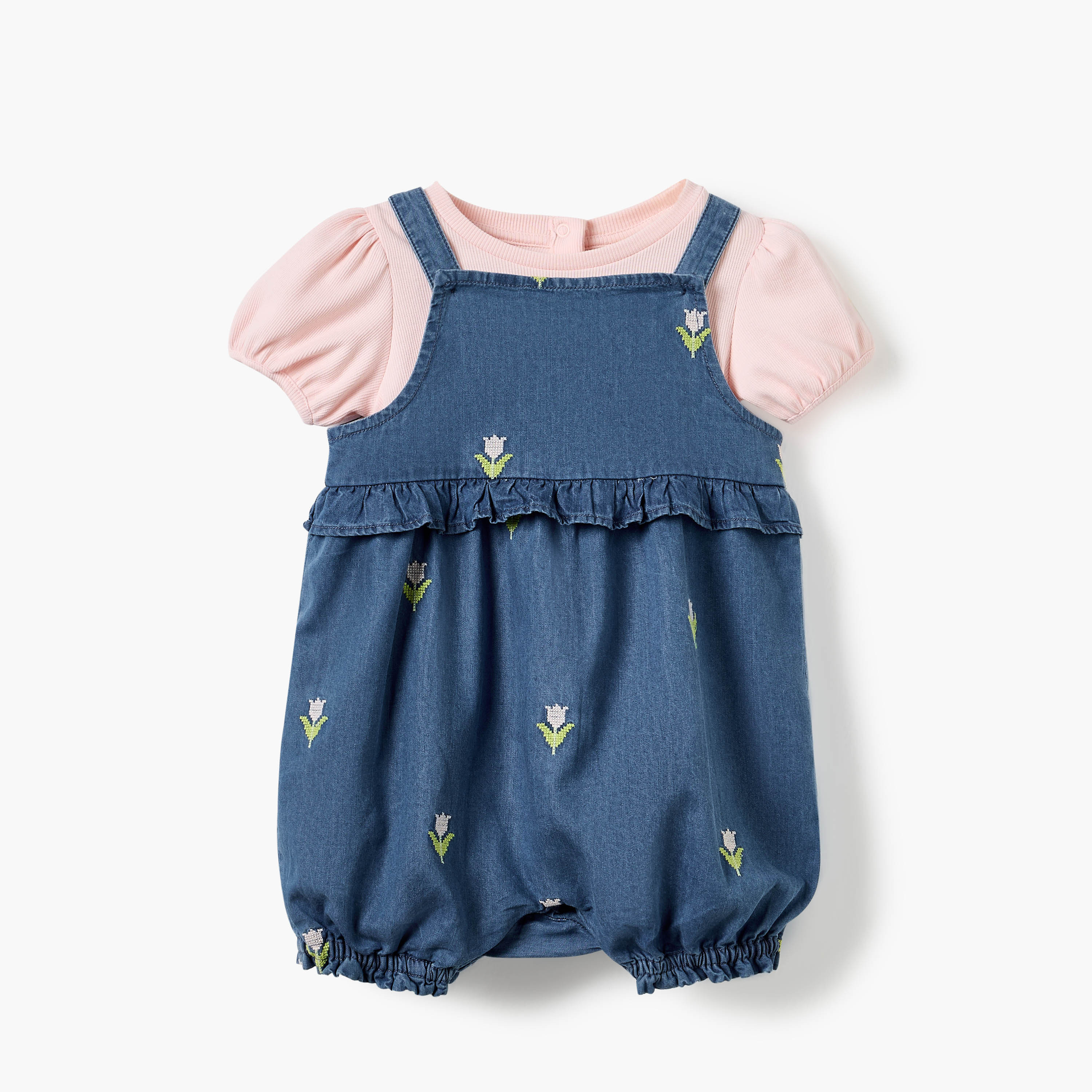 Juniors Textured Top and Embroidered Dungaree Set-baby-girls-clothing-setsandcoords-image-1