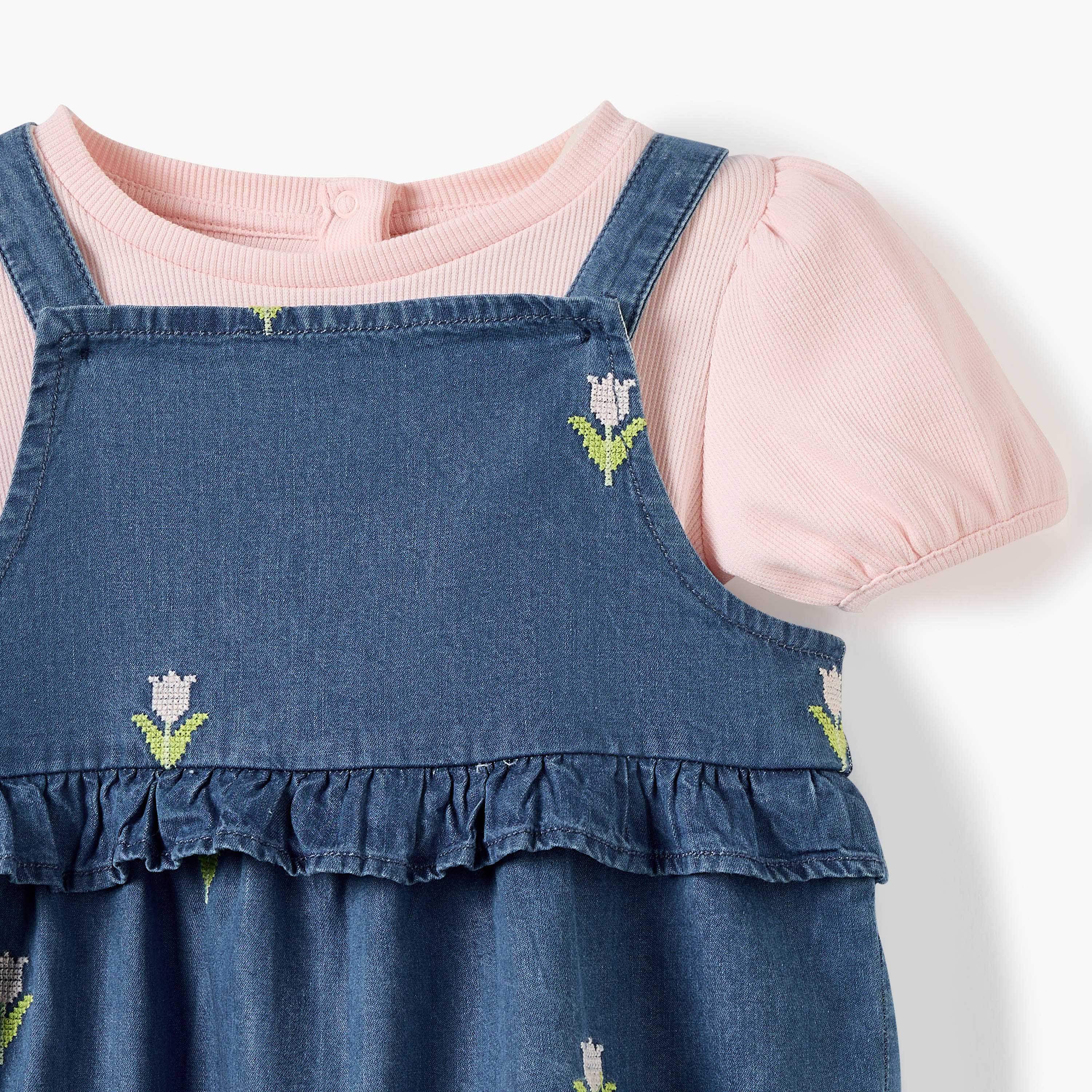 Juniors Textured Top and Embroidered Dungaree Set-baby-girls-clothing-setsandcoords-image-4