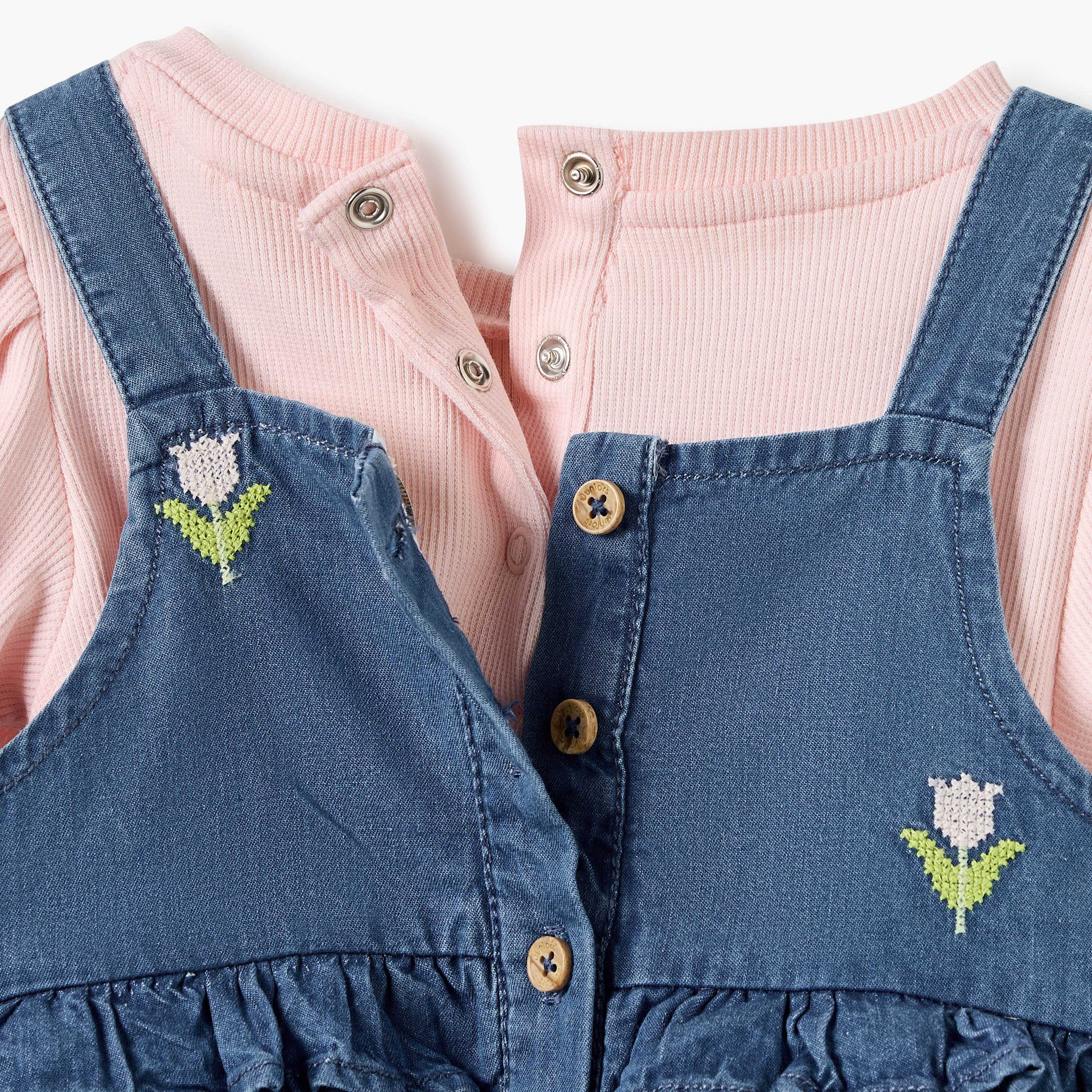 Juniors Textured Top and Embroidered Dungaree Set-baby-girls-clothing-setsandcoords-image-7